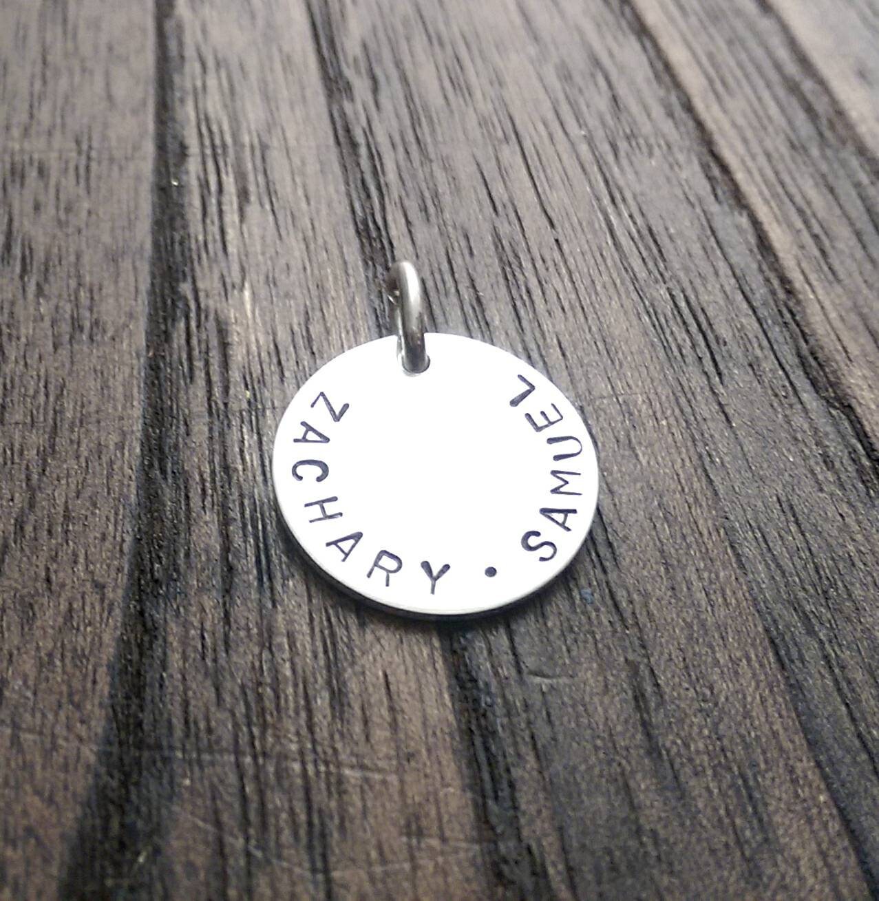 Sterling Silver Personalised Hand Stamped Name Pendant Circle 20mm or 15mm, Star or Heart Design