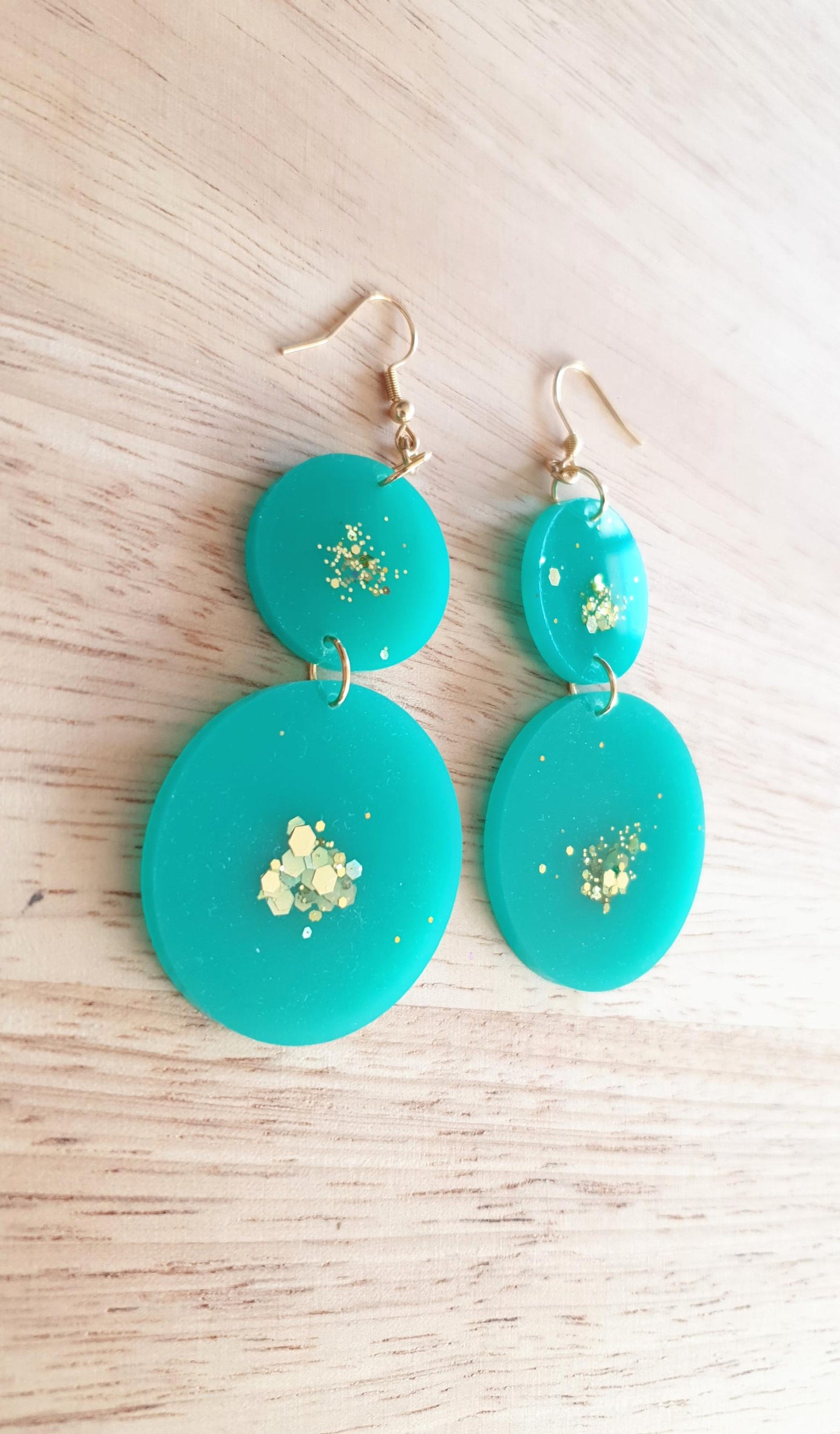 Two Circle Long Earwire Earrings, Statement Teal with a Splash of Gold Glitter Earrings, Bridal Earrings, Bridesmaid, Gold Stainless Steel.