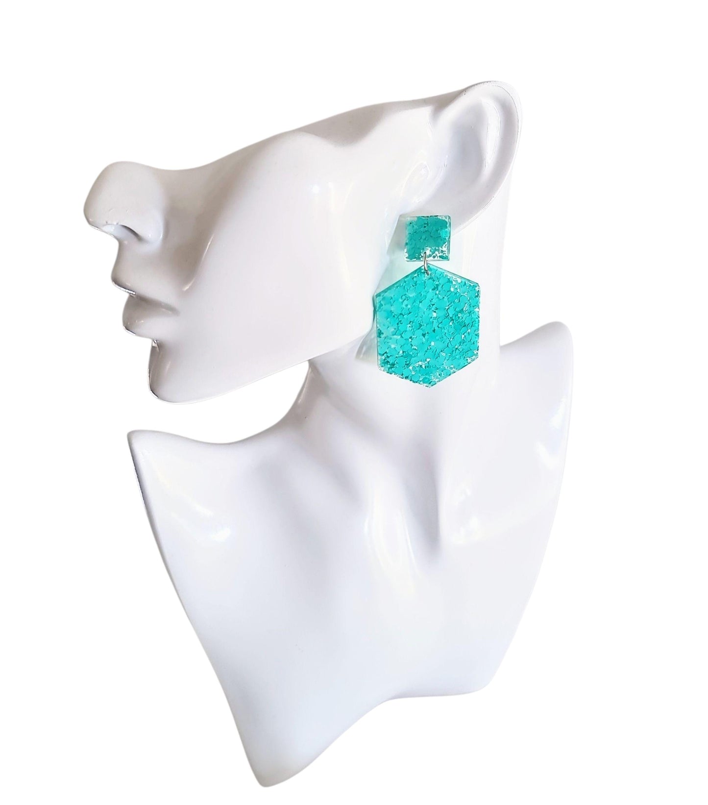 Mint Green Hexagon Square Dangle Drop Earrings, Resin Handmade Stud Earrings, Statement Earrings