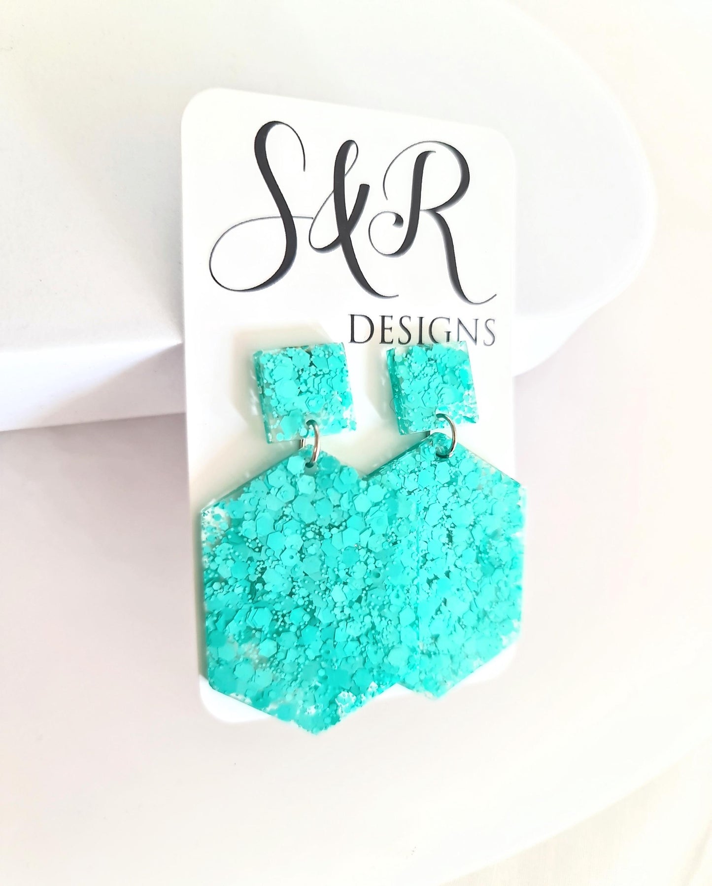 Mint Green Hexagon Square Dangle Drop Earrings, Resin Handmade Stud Earrings, Statement Earrings