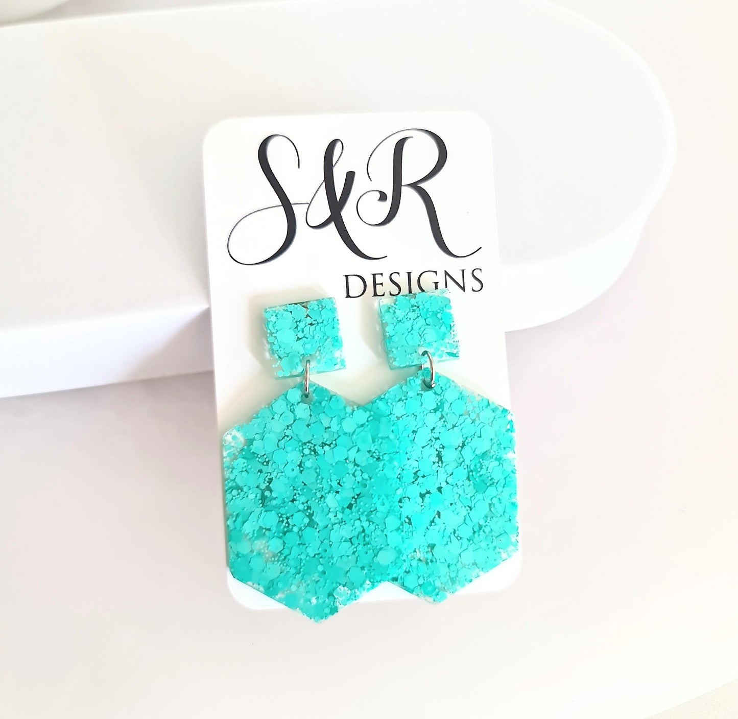 Mint Green Hexagon Square Dangle Drop Earrings, Resin Handmade Stud Earrings, Statement Earrings