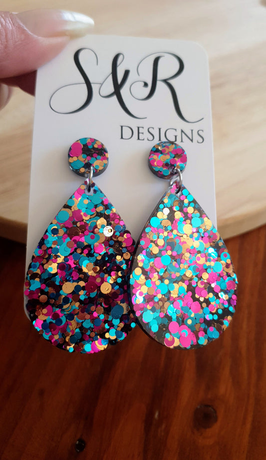 Multicoloured Teardrop Resin Long Dangle Earrings, Hot Pink, Aqua and Rosegold Glitter Resin Earrings, Stainless Steel, Statement Earrings