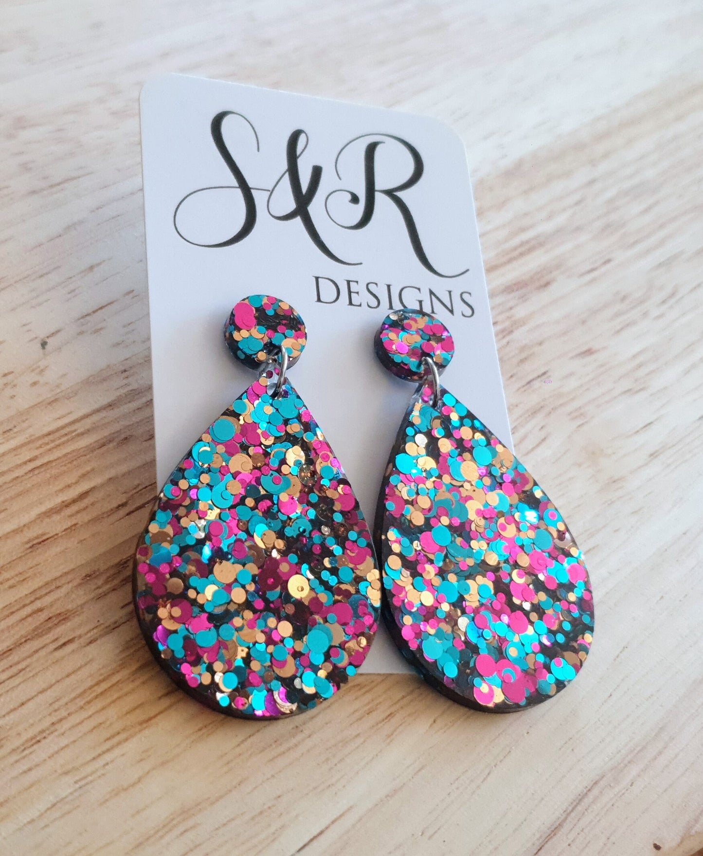 Multicoloured Teardrop Resin Long Dangle Earrings, Hot Pink, Aqua and Rosegold Glitter Resin Earrings, Stainless Steel, Statement Earrings