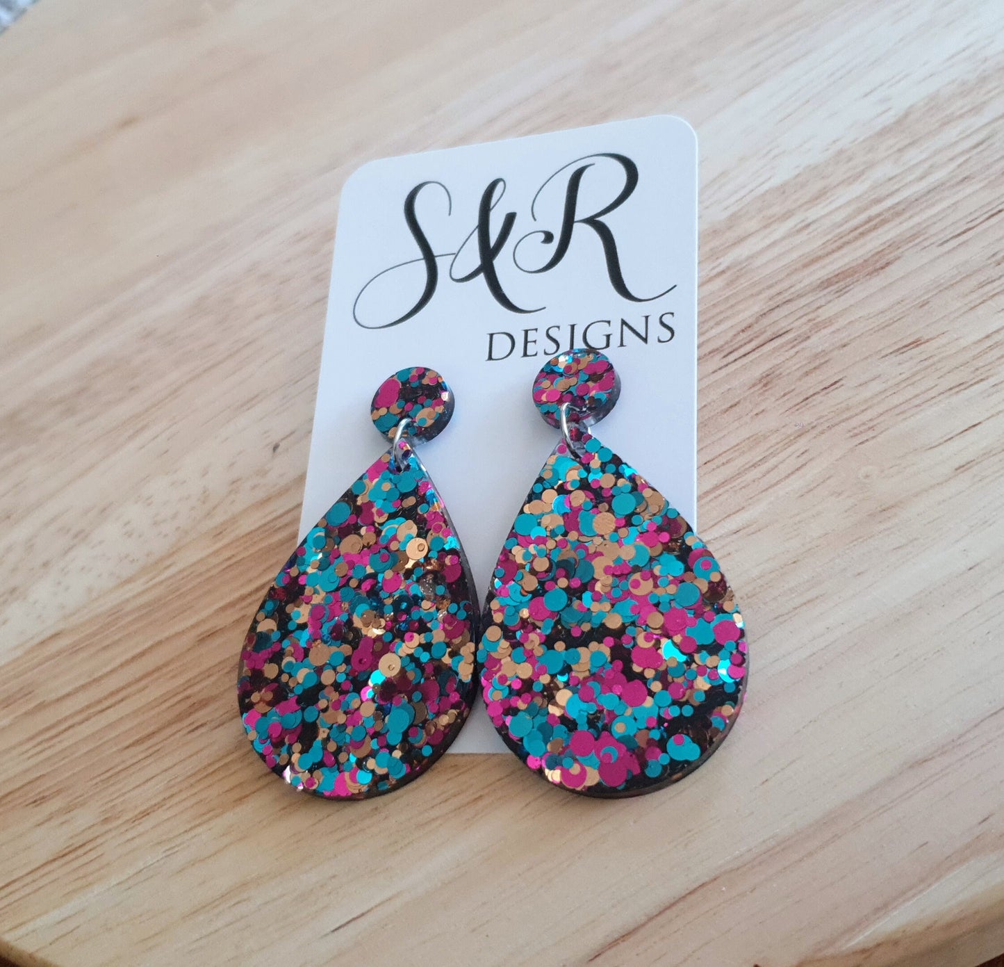 Multicoloured Teardrop Resin Long Dangle Earrings, Hot Pink, Aqua and Rosegold Glitter Resin Earrings, Stainless Steel, Statement Earrings