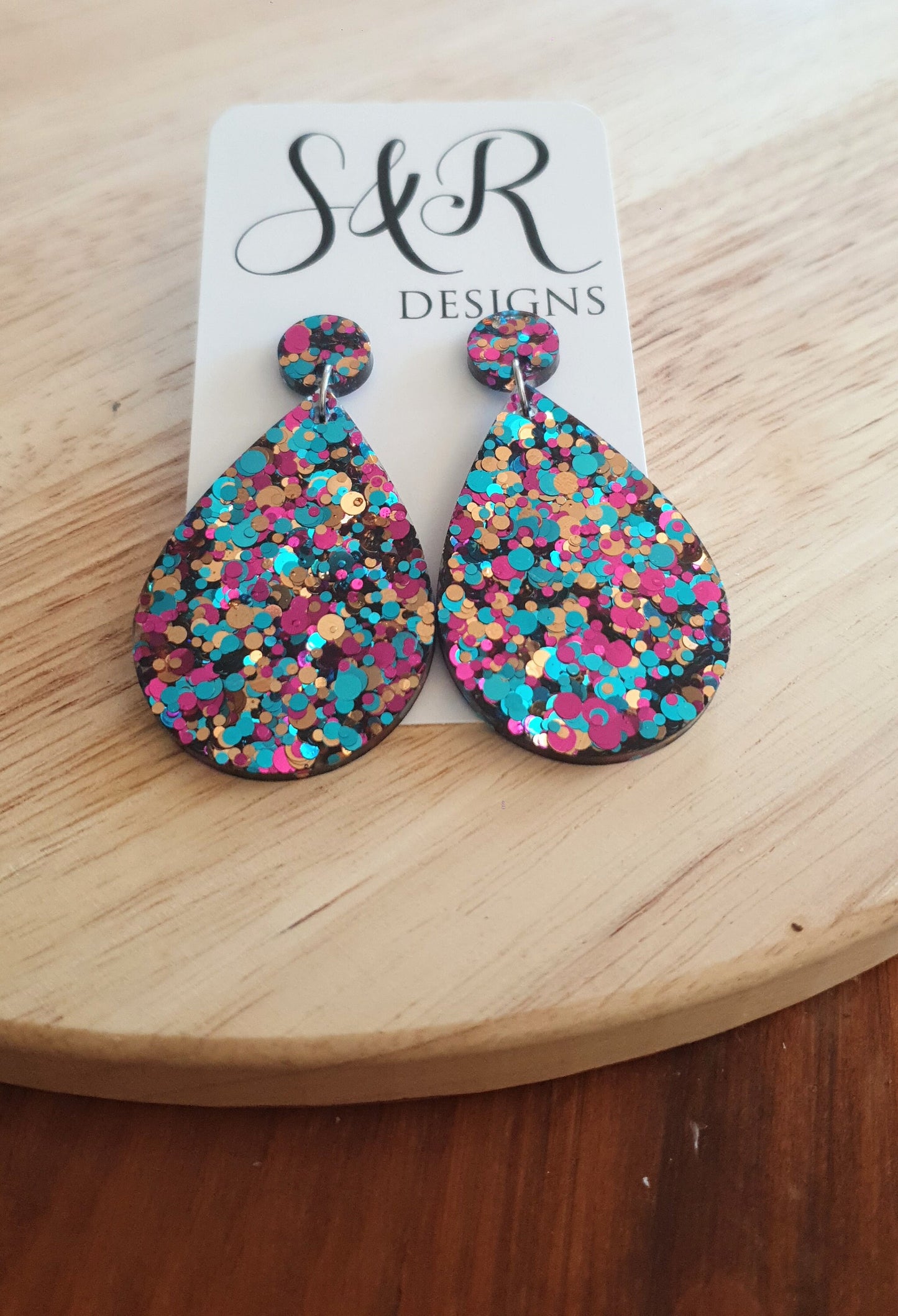 Multicoloured Teardrop Resin Long Dangle Earrings, Hot Pink, Aqua and Rosegold Glitter Resin Earrings, Stainless Steel, Statement Earrings