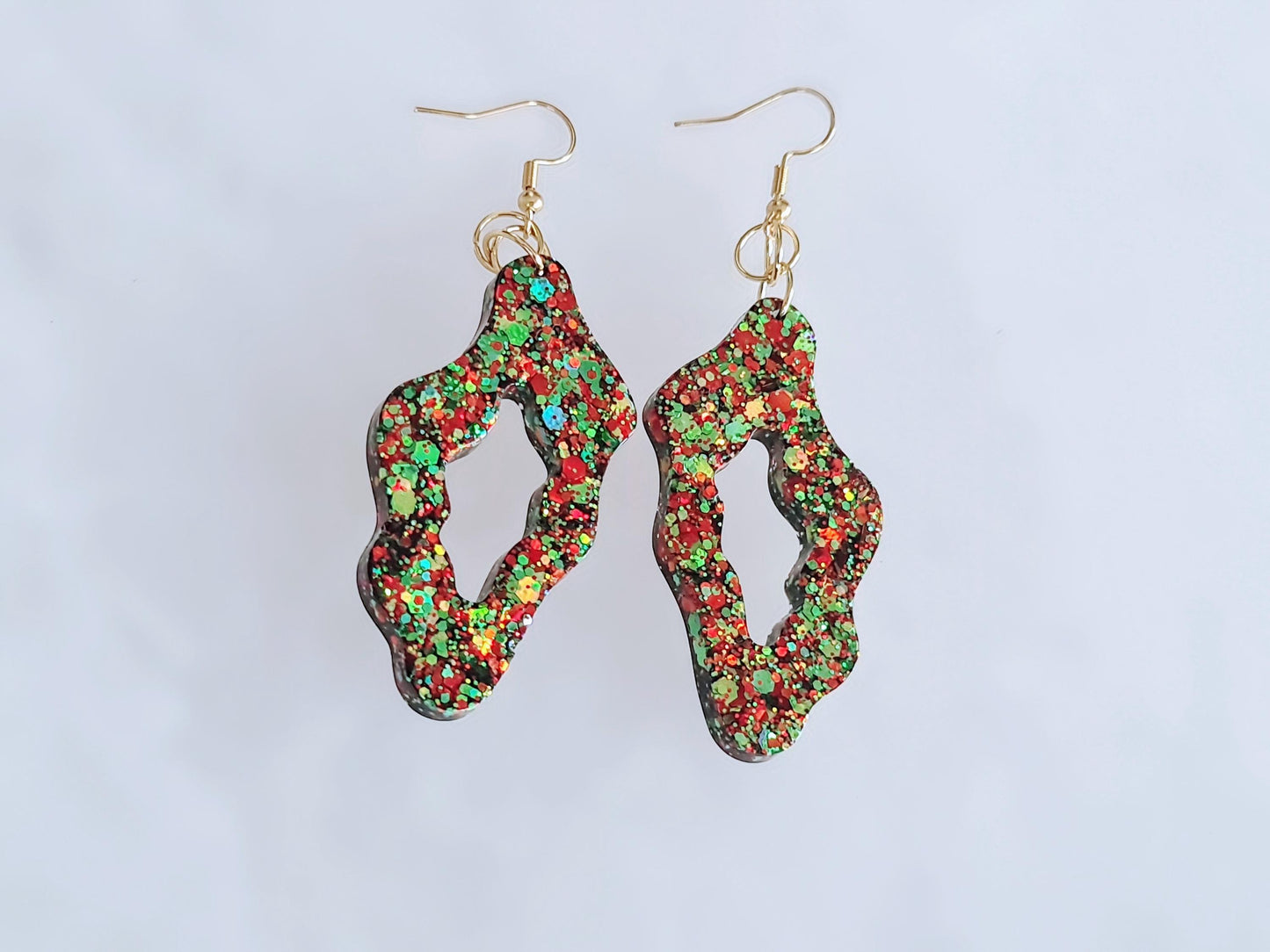 Gold Statement Drop Earrings, Wavy Liquid Shape Dangles, Gold and Red Holographic Mix Glitter, Wave Handmade Resin Earrings