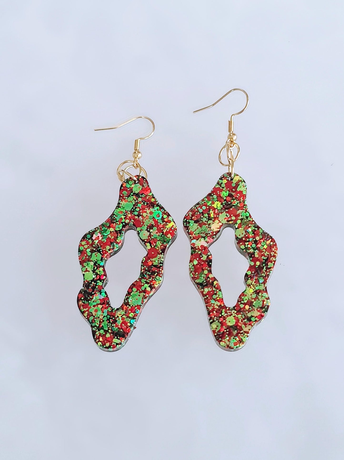 Gold Statement Drop Earrings, Wavy Liquid Shape Dangles, Gold and Red Holographic Mix Glitter, Wave Handmade Resin Earrings
