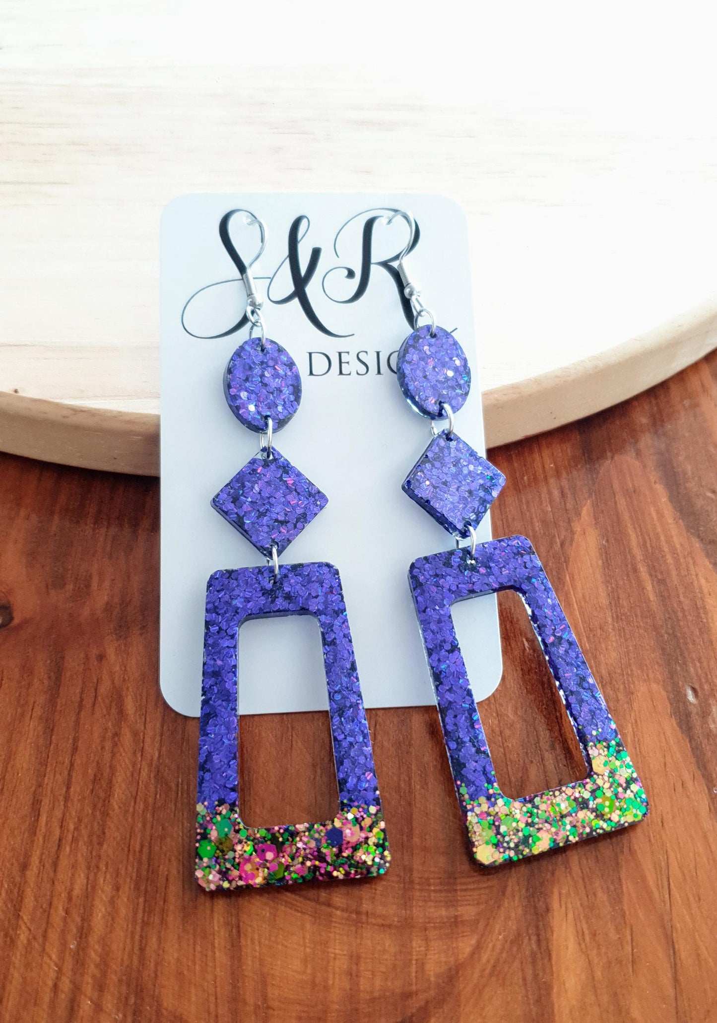Vivid Purple Rectangle Long Dangle Earrings, Statement Purple with Chameleon Changing Glitter Handmade, Extra Long Dangle Earrings, 10.5cm