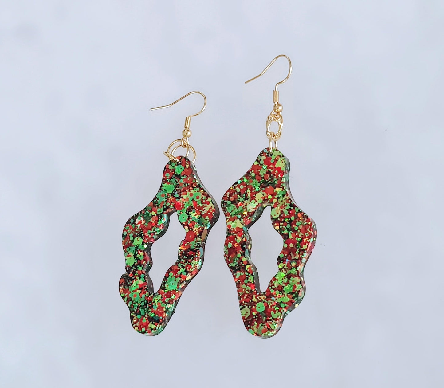 Gold Statement Drop Earrings, Wavy Liquid Shape Dangles, Gold and Red Holographic Mix Glitter, Wave Handmade Resin Earrings