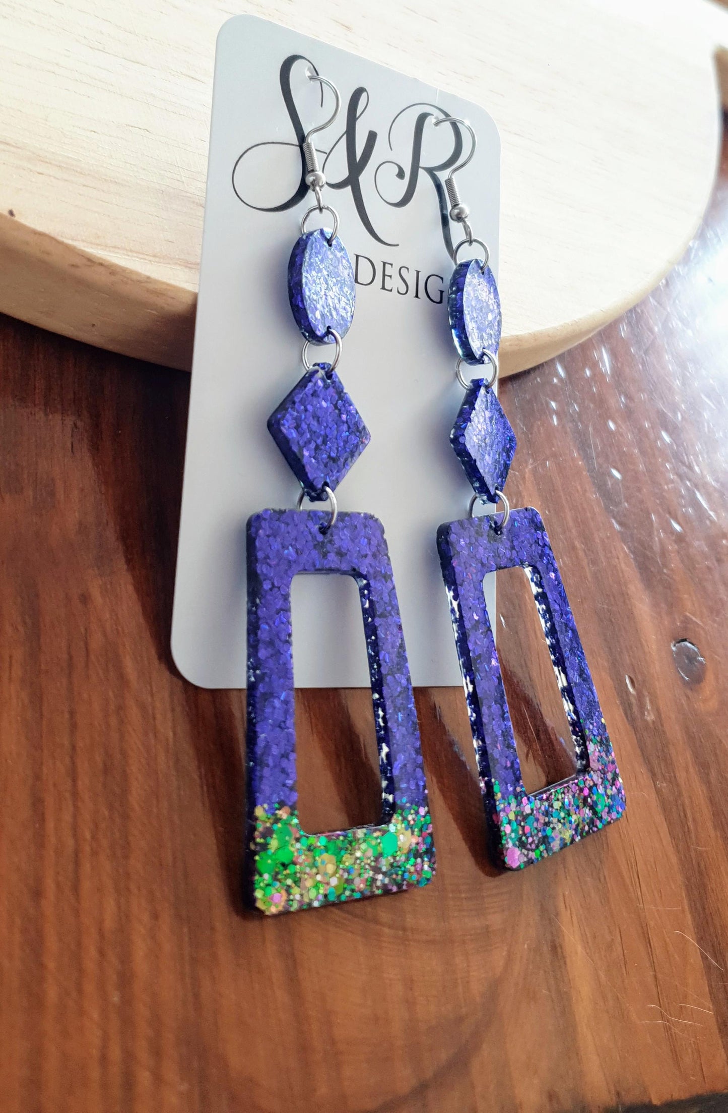 Vivid Purple Rectangle Long Dangle Earrings, Statement Purple with Chameleon Changing Glitter Handmade, Extra Long Dangle Earrings, 10.5cm