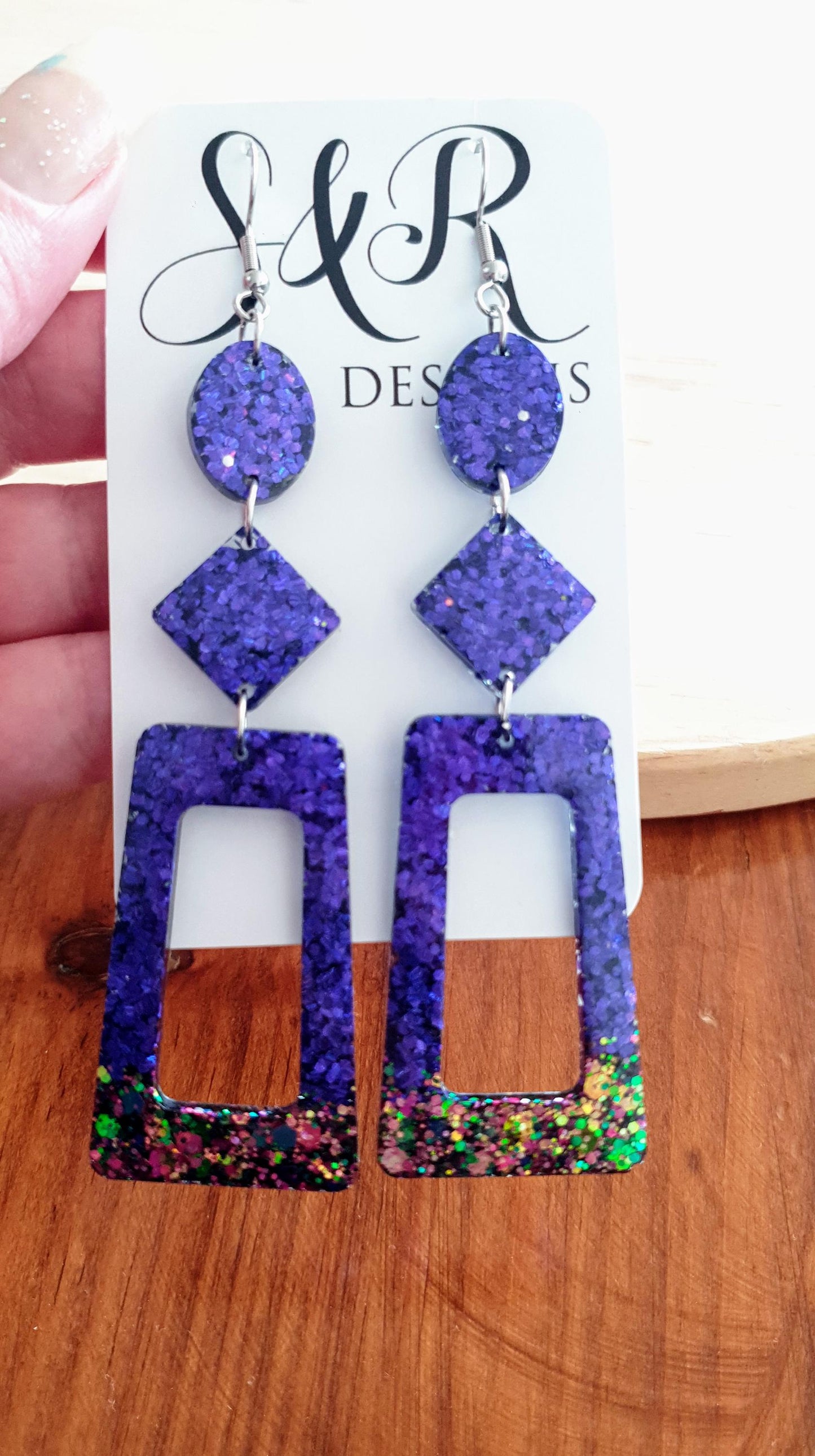 Vivid Purple Rectangle Long Dangle Earrings, Statement Purple with Chameleon Changing Glitter Handmade, Extra Long Dangle Earrings, 10.5cm
