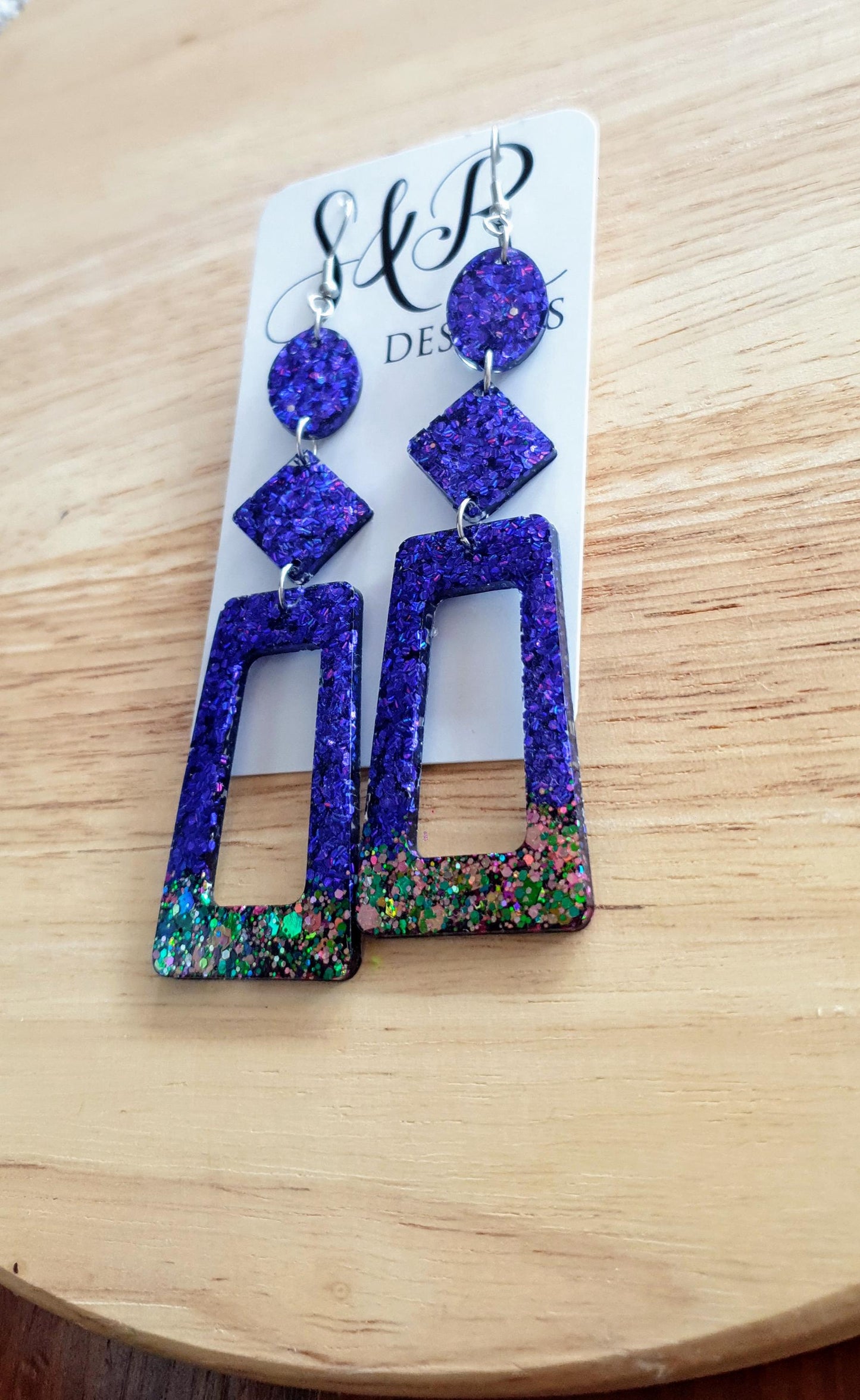 Vivid Purple Rectangle Long Dangle Earrings, Statement Purple with Chameleon Changing Glitter Handmade, Extra Long Dangle Earrings, 10.5cm