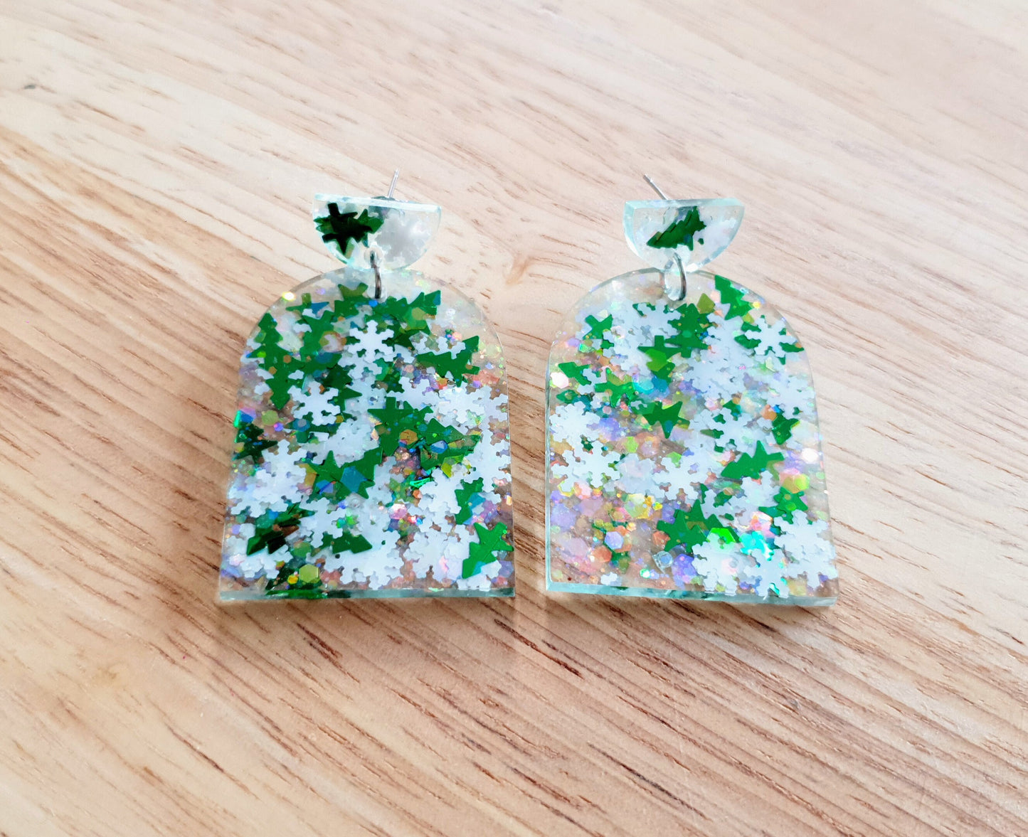 Green Trees and Snowflakes Glitter Arch Earrings, Metalic Green Holographic White Glitter Handmade Resin Dangles, Statement Christmas Gift