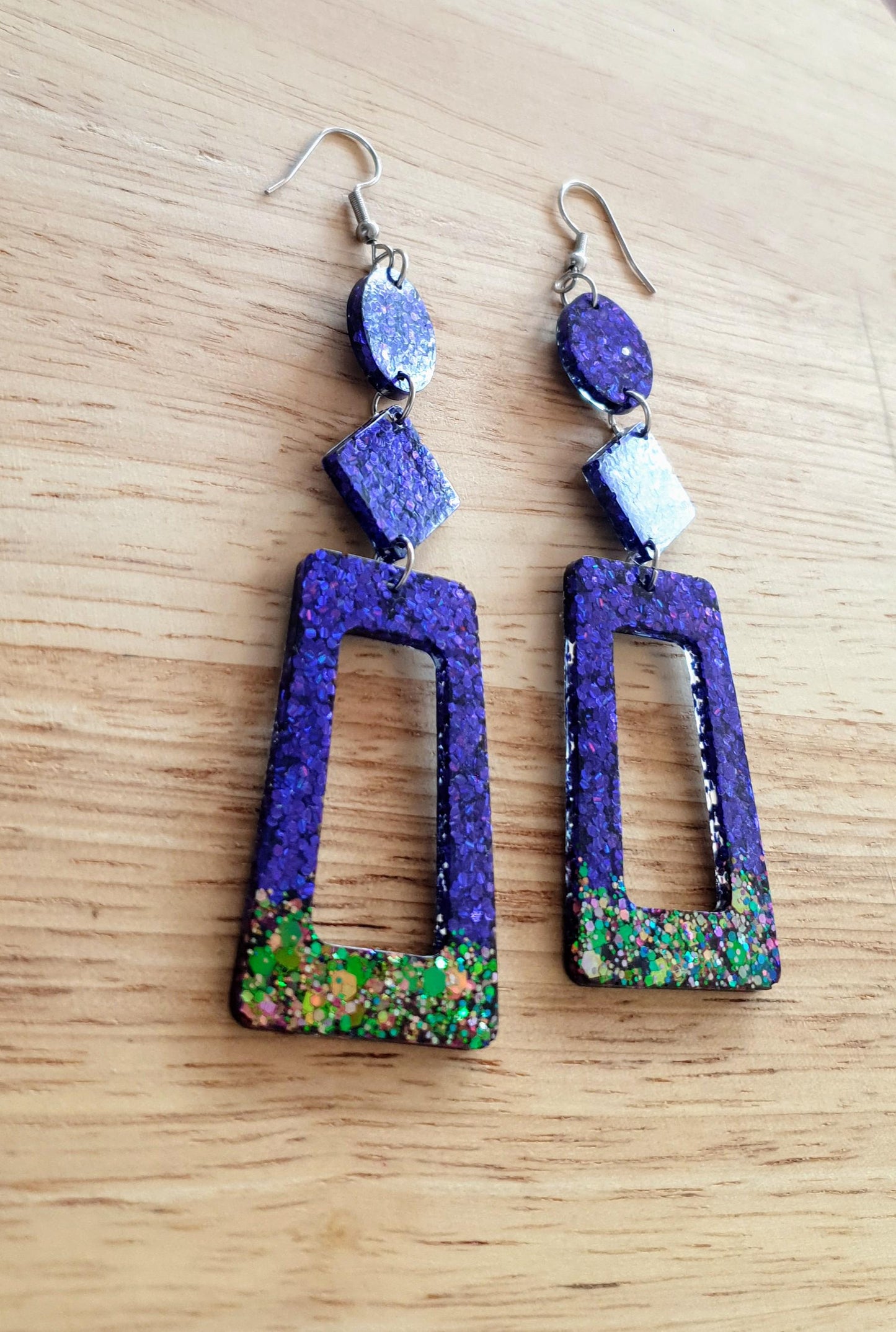 Vivid Purple Rectangle Long Dangle Earrings, Statement Purple with Chameleon Changing Glitter Handmade, Extra Long Dangle Earrings, 10.5cm
