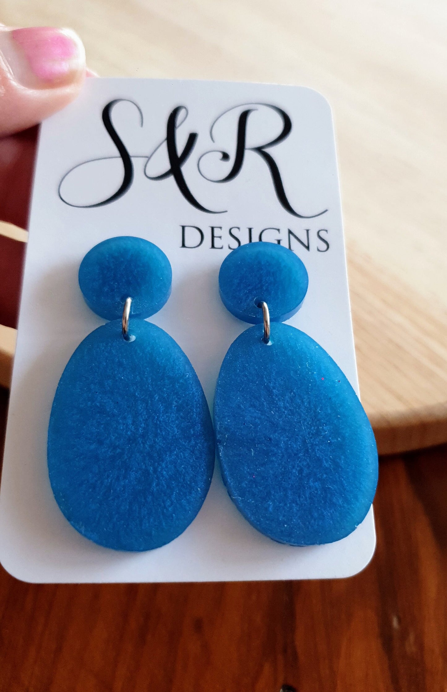 Blue Oval Long Resin Dangle Earrings, Stainless Steel Earrings