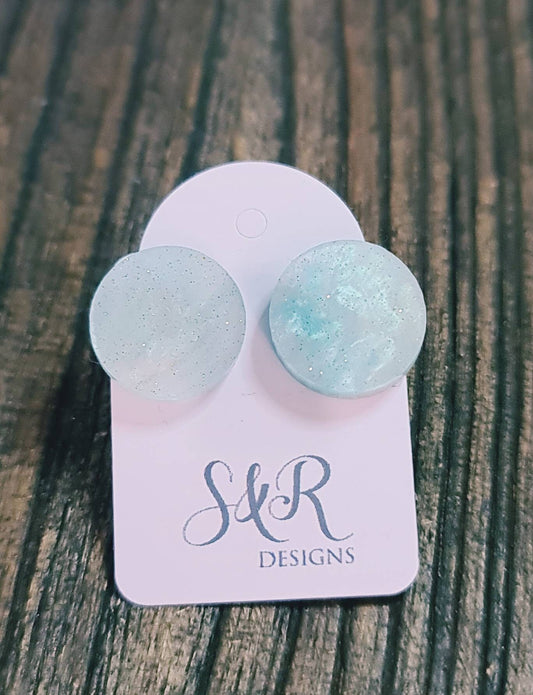 Blue Marble Circle Stud Earrings, Acrylic Earrings, Stainless Steel Earrings.