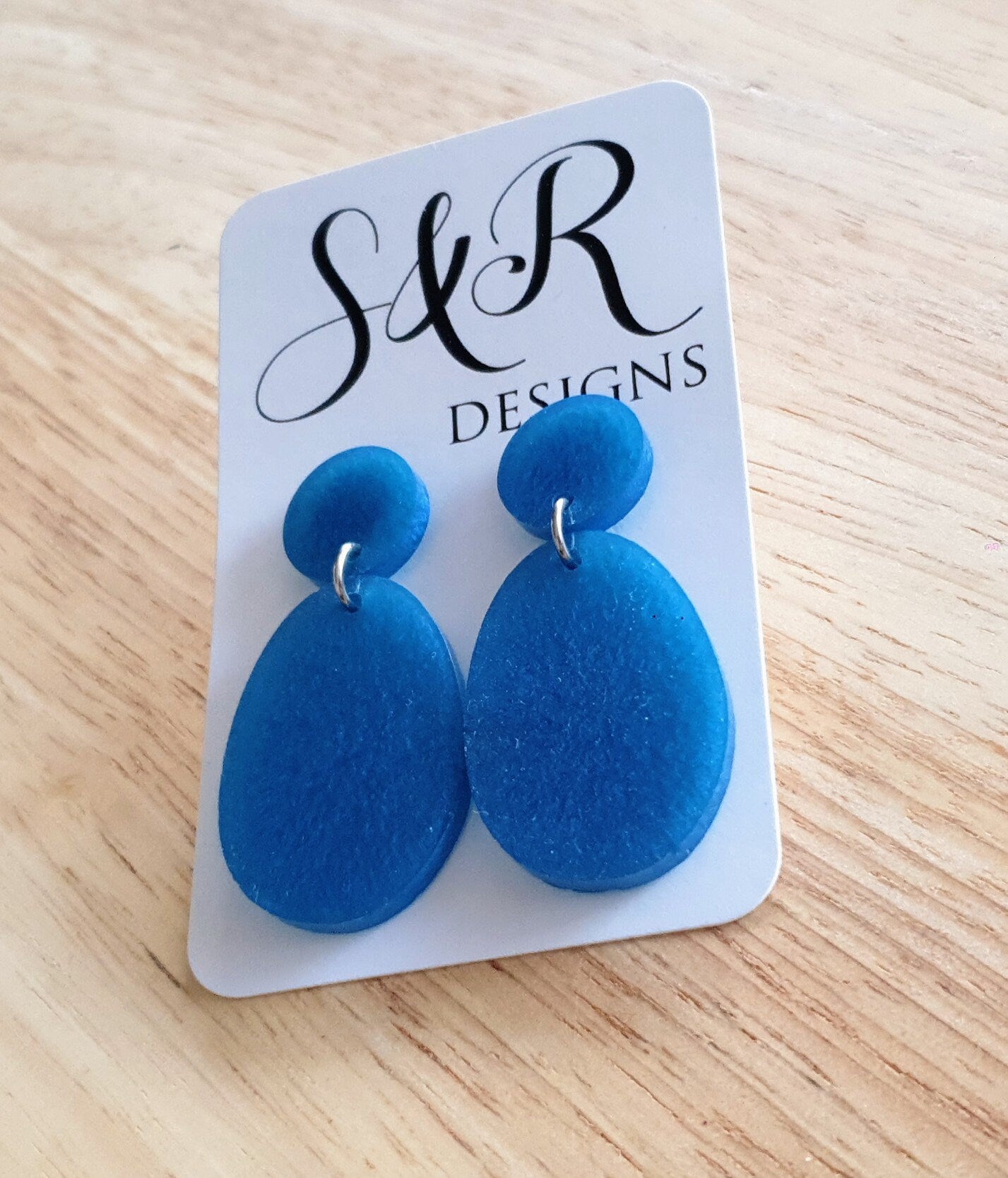 Blue Oval Long Resin Dangle Earrings, Stainless Steel Earrings