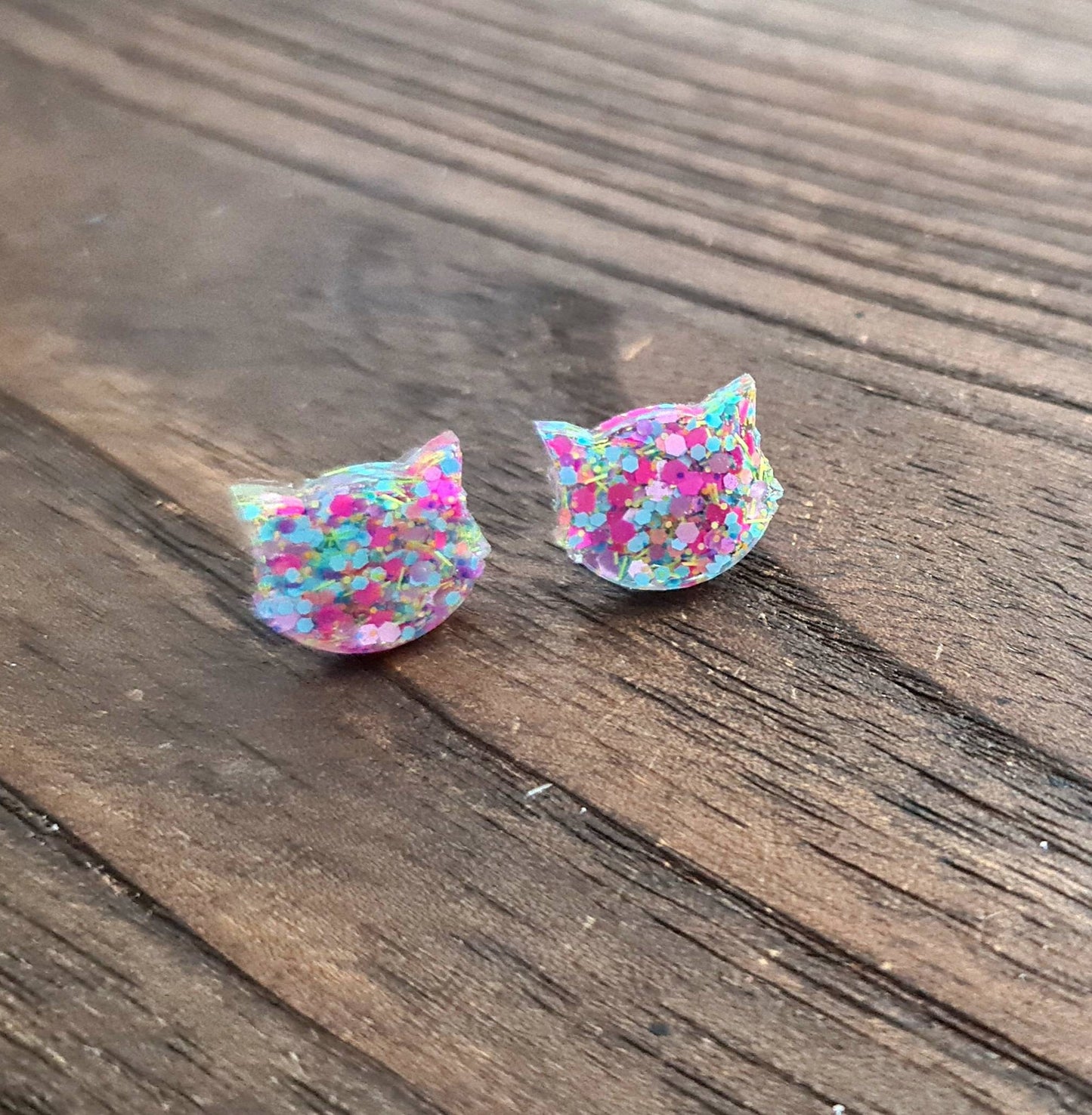 Cat Earrings, Cat Resin Stud Earrings, Hot Pink, Pastel Pink, Blue, Purple, White Earrings, Cat Glitter Earrings made with Stainless Steel.