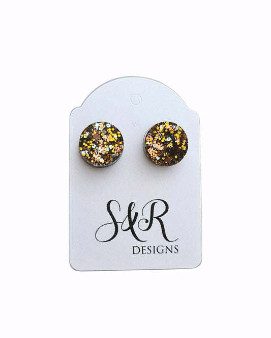 Circle Dot Resin Stud Earrings, Black, Gold, Silver, Rosegold Glitter Earrings. Stainless Steel Stud Earrings. 8mm, 10mm or 12mm