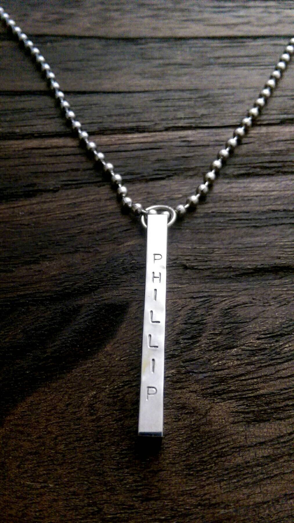 Personalised Bar Necklace, Name Hand Stamped Necklace Bar, Stainless Steel, 4 Sided Bar Pendant Necklace. Gift for Him or Her, Birthday Gift