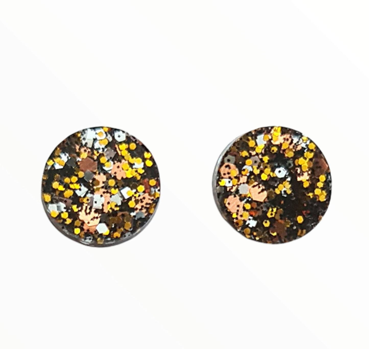 Circle Dot Resin Stud Earrings, Black, Gold, Silver, Rosegold Glitter Earrings. Stainless Steel Stud Earrings. 8mm, 10mm or 12mm