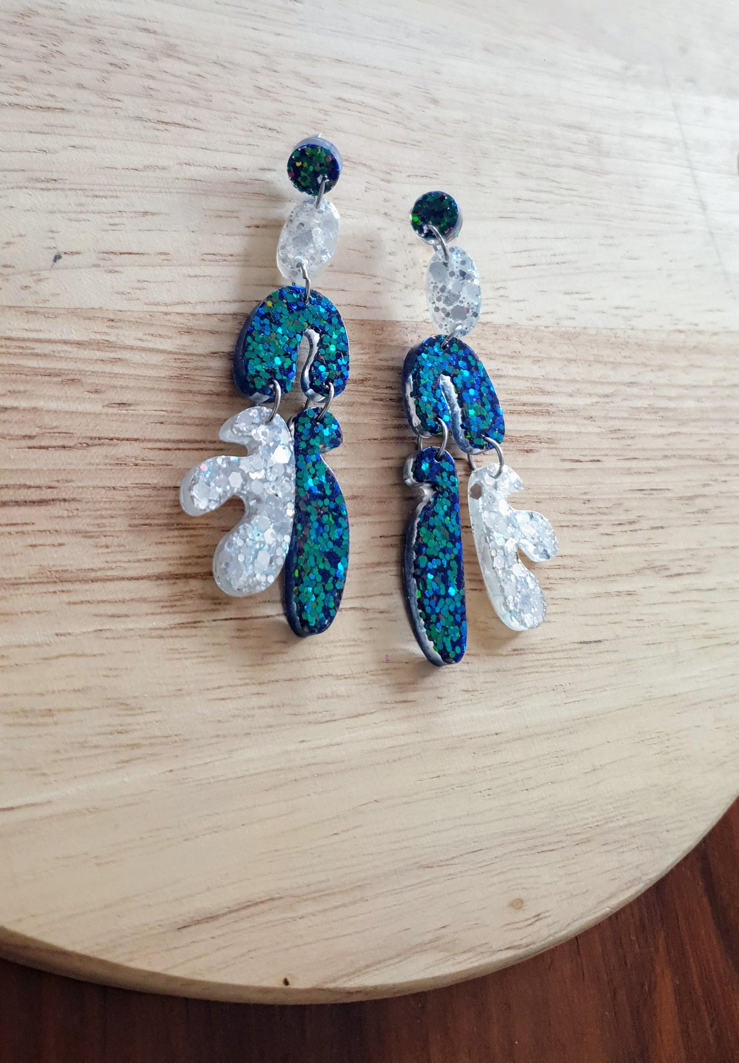 Unique Multicoloured Multi Shape Dangle Long Drop Earrings, Blue Green Chameleon White Glass  Mix Glitter, Statement Handmade Resin Earrings