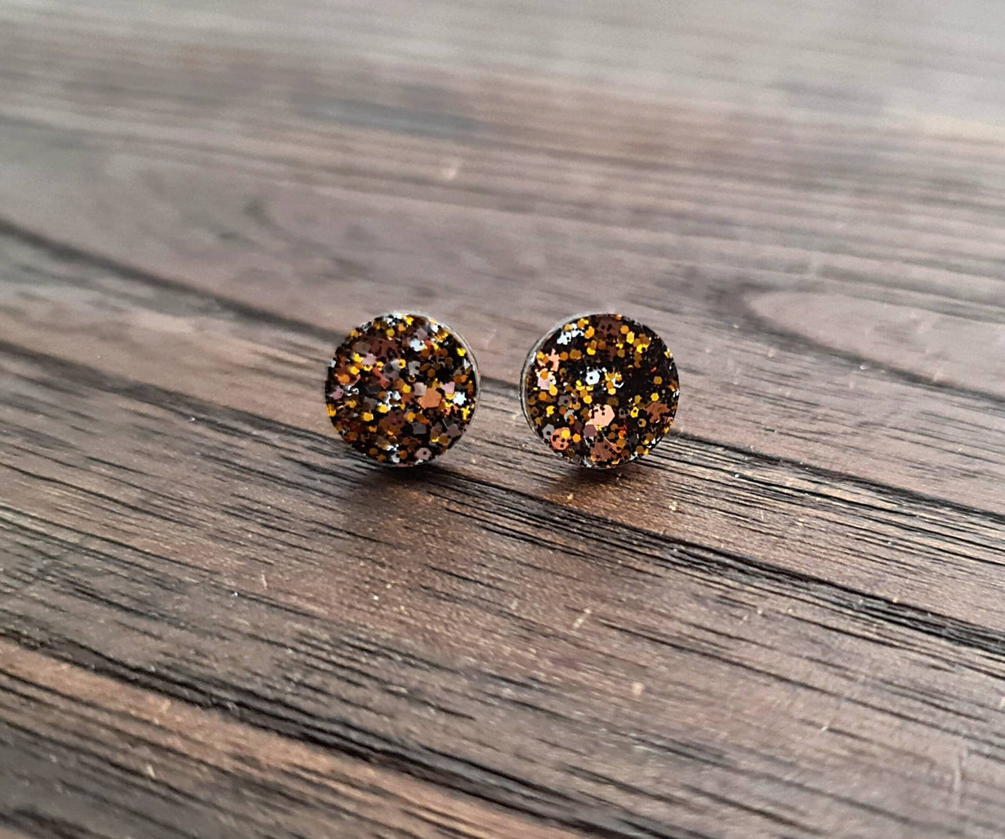 Circle Dot Resin Stud Earrings, Black, Gold, Silver, Rosegold Glitter Earrings. Stainless Steel Stud Earrings. 8mm, 10mm or 12mm
