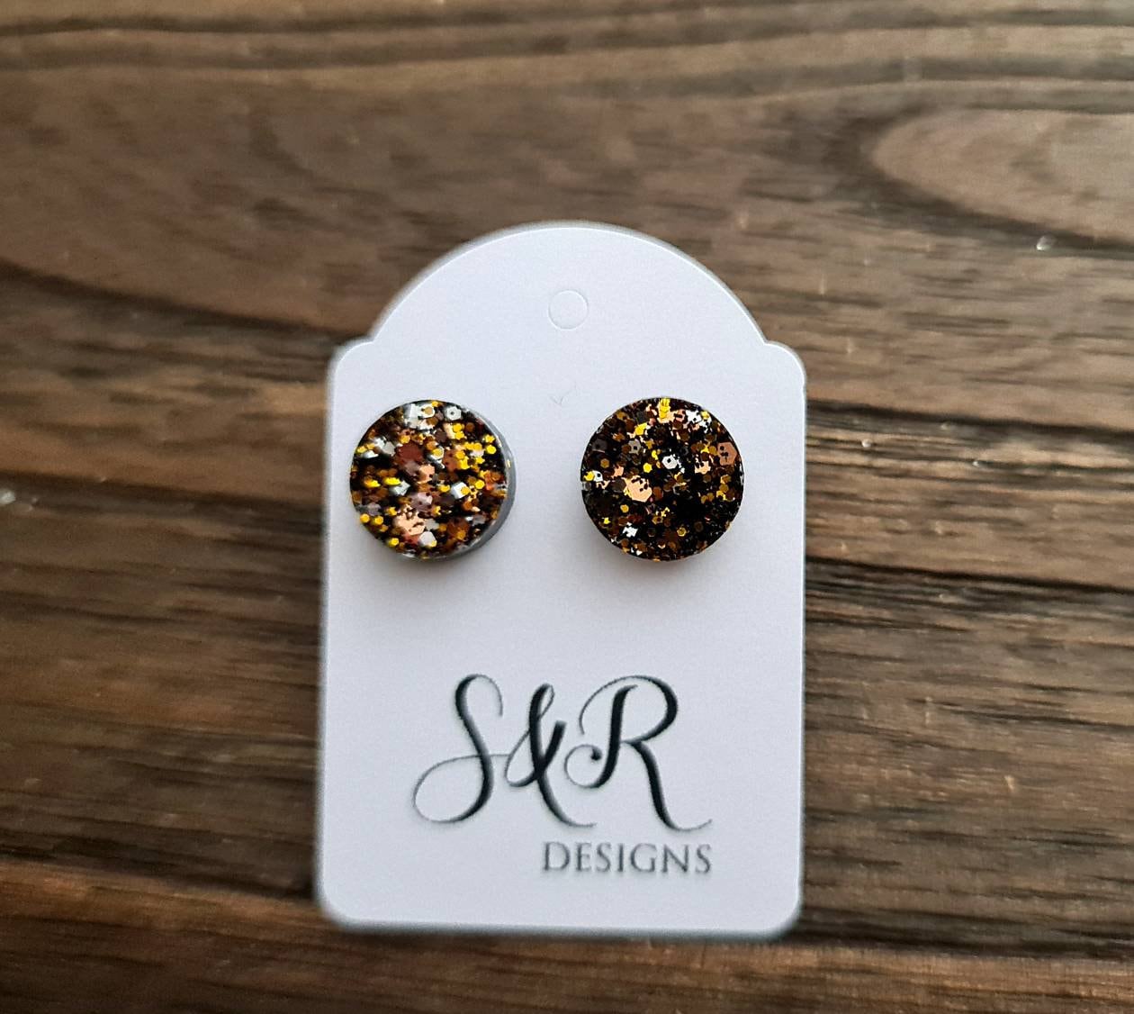Circle Dot Resin Stud Earrings, Black, Gold, Silver, Rosegold Glitter Earrings. Stainless Steel Stud Earrings. 8mm, 10mm or 12mm