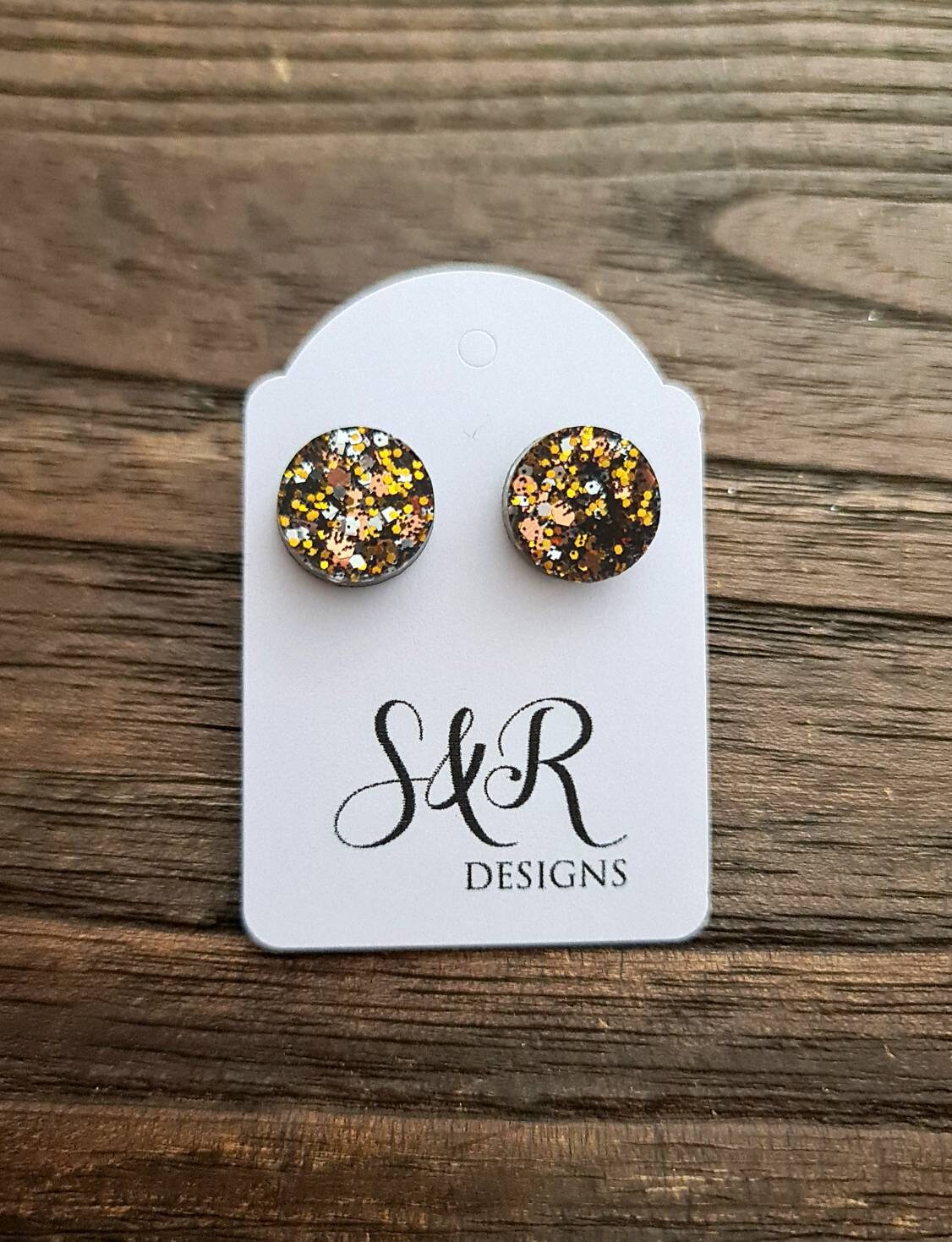Circle Dot Resin Stud Earrings, Black, Gold, Silver, Rosegold Glitter Earrings. Stainless Steel Stud Earrings. 8mm, 10mm or 12mm