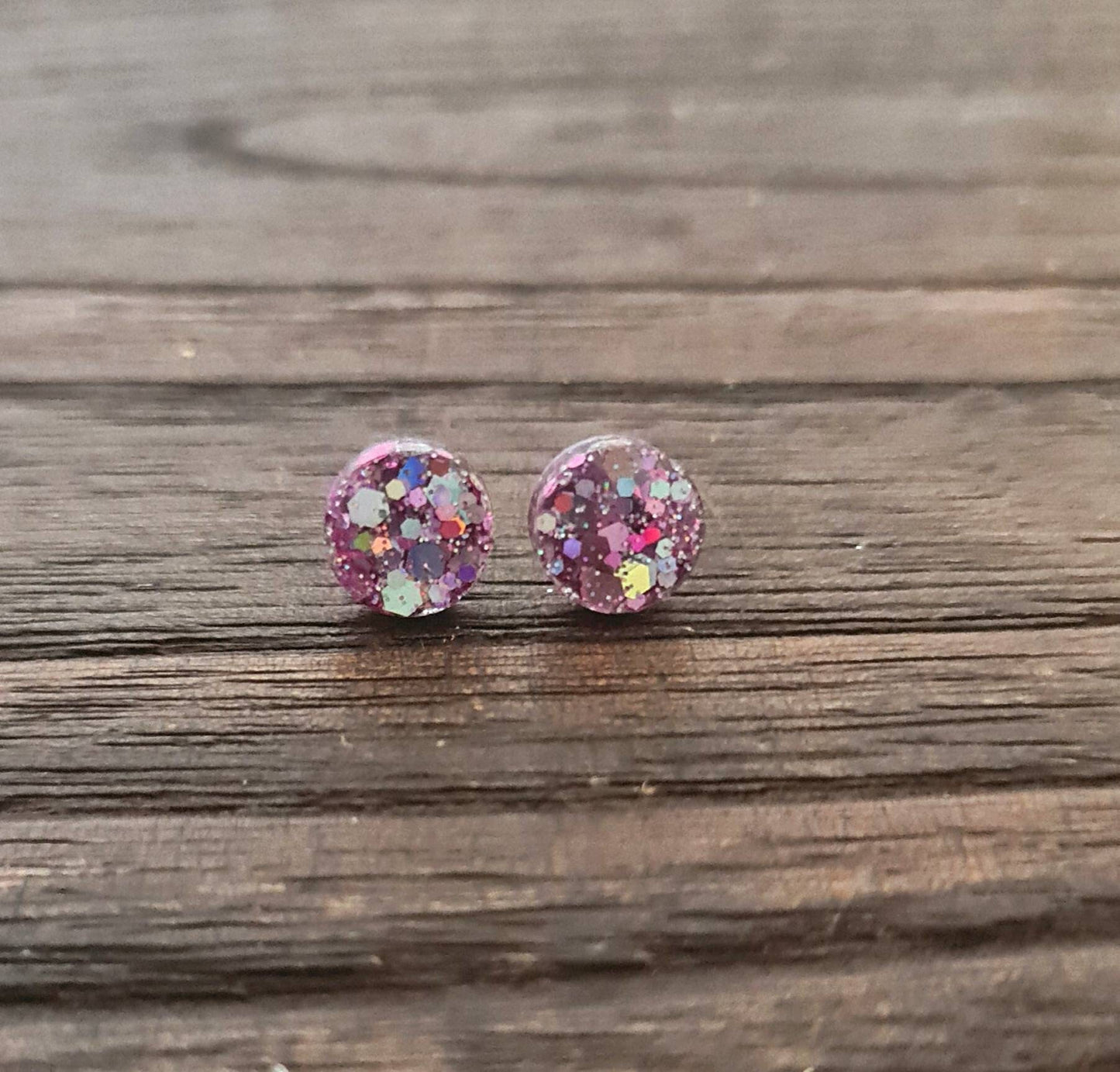Pink Circle Dot Resin Stud Earrings, Pink Holographic Glitter Earrings. Stainless Steel Stud Earrings. 15mm, 12mm, 10mm or 8mm