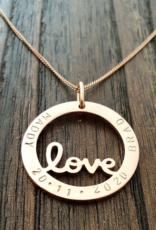 Love Necklace, Personalised Necklace, Hand Stamped Necklace Design Pendant Stainless Steel. Valentines Day, Mothers Day, Sister, Grandmother
