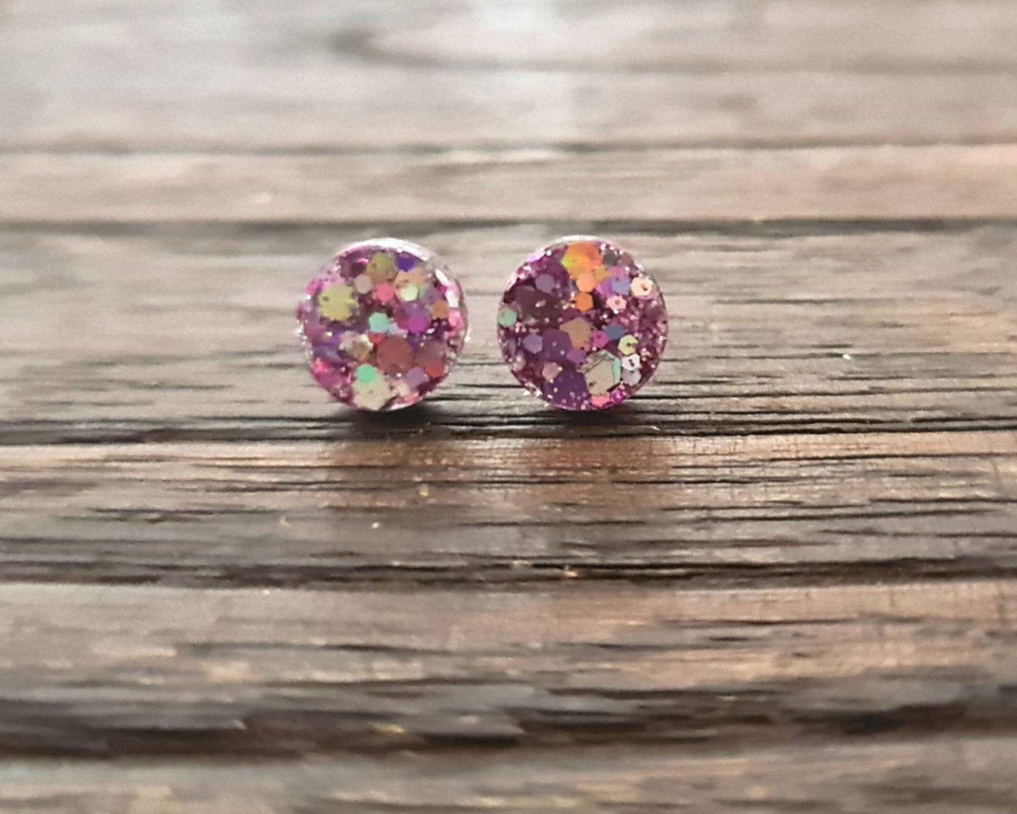 Pink Circle Dot Resin Stud Earrings, Pink Holographic Glitter Earrings. Stainless Steel Stud Earrings. 15mm, 12mm, 10mm or 8mm