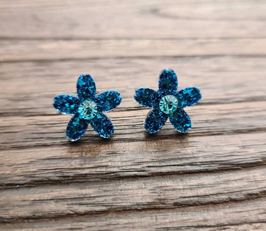 Flower Resin Earrings, Blue Glitter Crystal Earrings, Flower Stud Earrings, Mother's Day Earrings