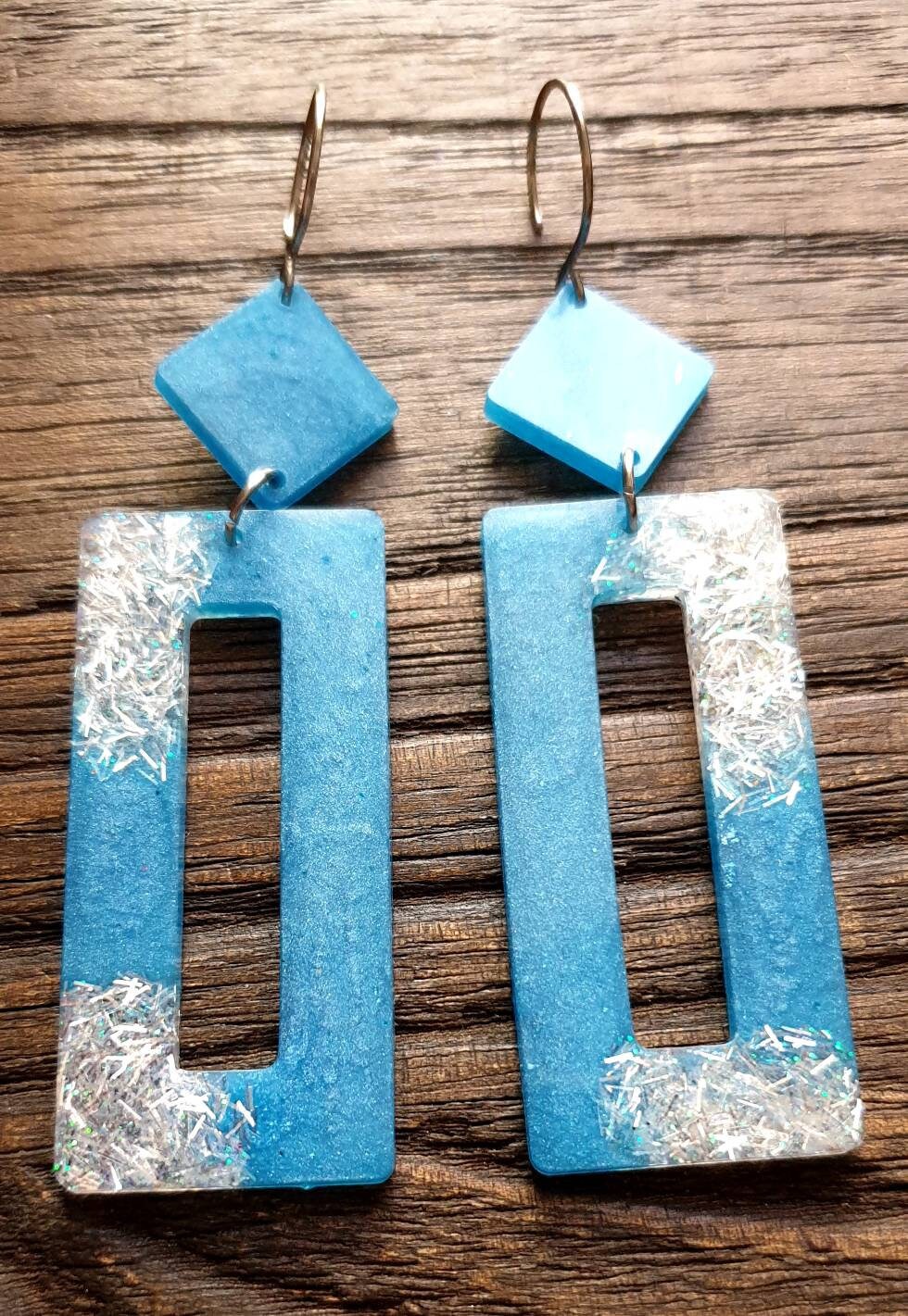 Rectangle Long Dangle Earrings,  Blue White Glitter Resin Dangle Statement Earrings