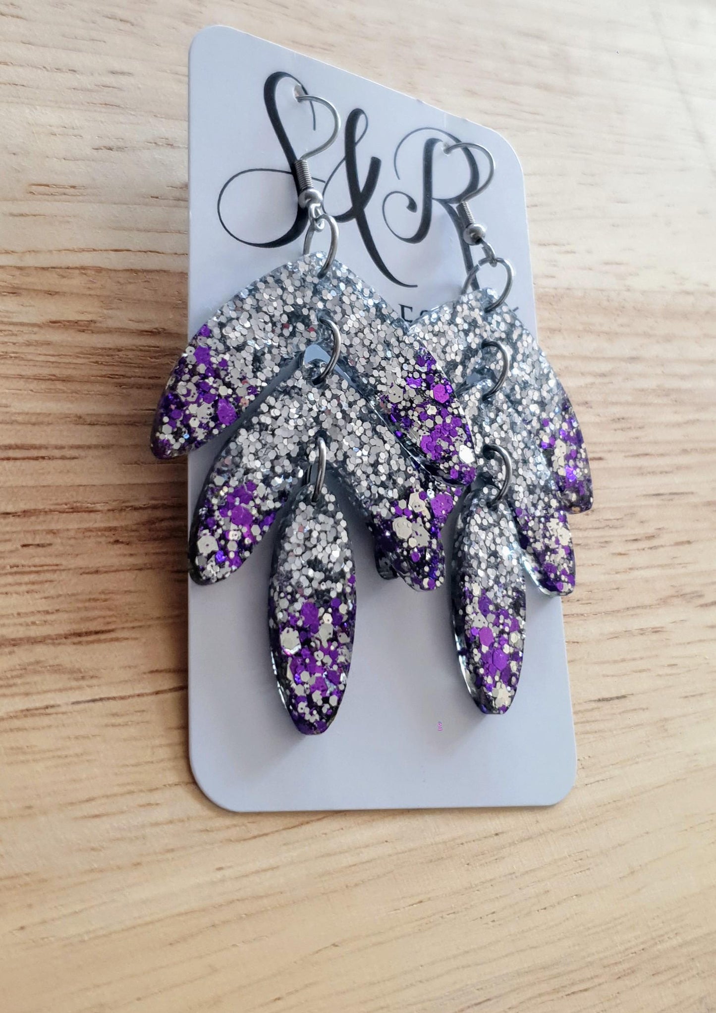 Statement Leaves Long Drop Hook Earrings. Purple Silver Glitter Resin Dangles, Stunning Chandelier Earwire Dangles