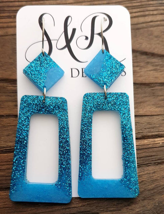 Rectangle Long Dangle Earrings, Two Tone Blue Glitter Resin Dangle Statement Earrings
