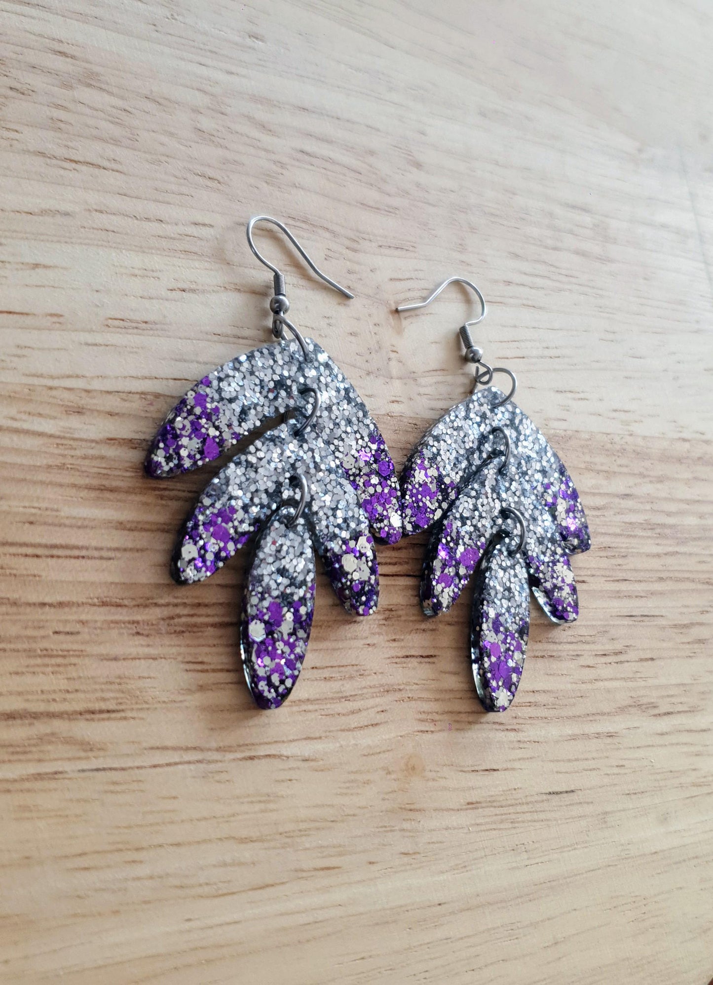 Statement Leaves Long Drop Hook Earrings. Purple Silver Glitter Resin Dangles, Stunning Chandelier Earwire Dangles