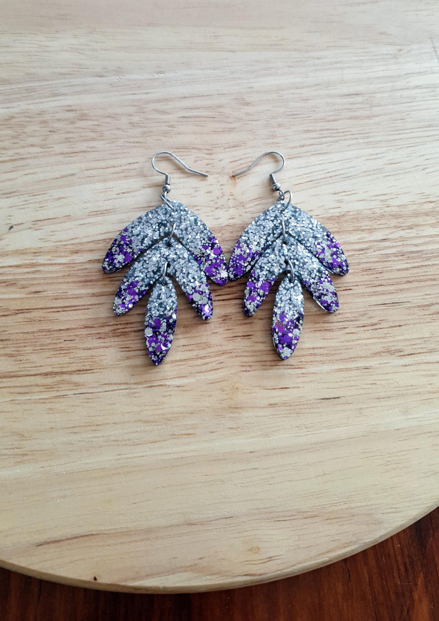 Statement Leaves Long Drop Hook Earrings. Purple Silver Glitter Resin Dangles, Stunning Chandelier Earwire Dangles