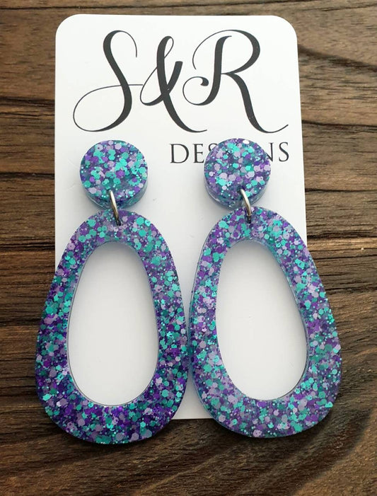 Large Teardrop Long Dangle Earrings, Teal Purple Resin Dangle Statement Earrings