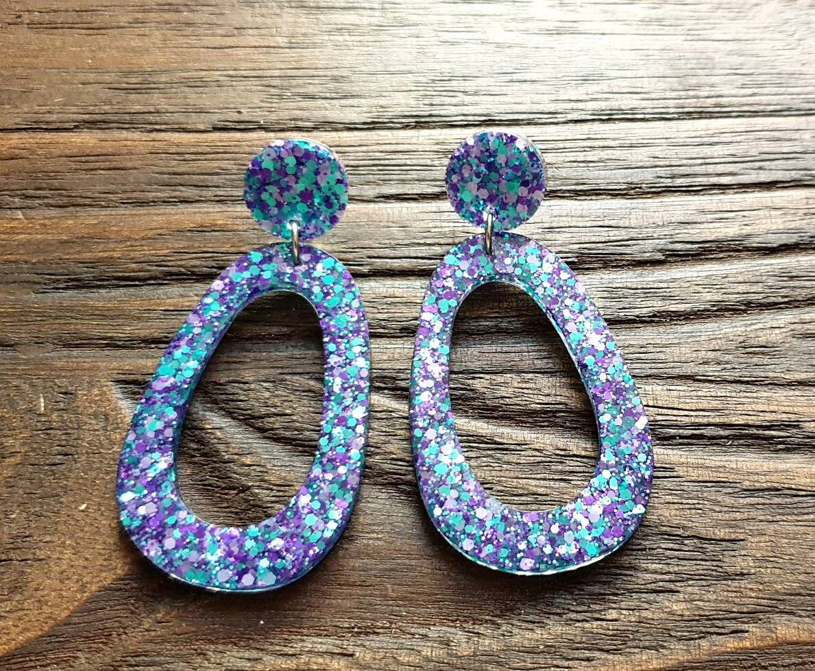 Large Teardrop Long Dangle Earrings, Teal Purple Resin Dangle Statement Earrings