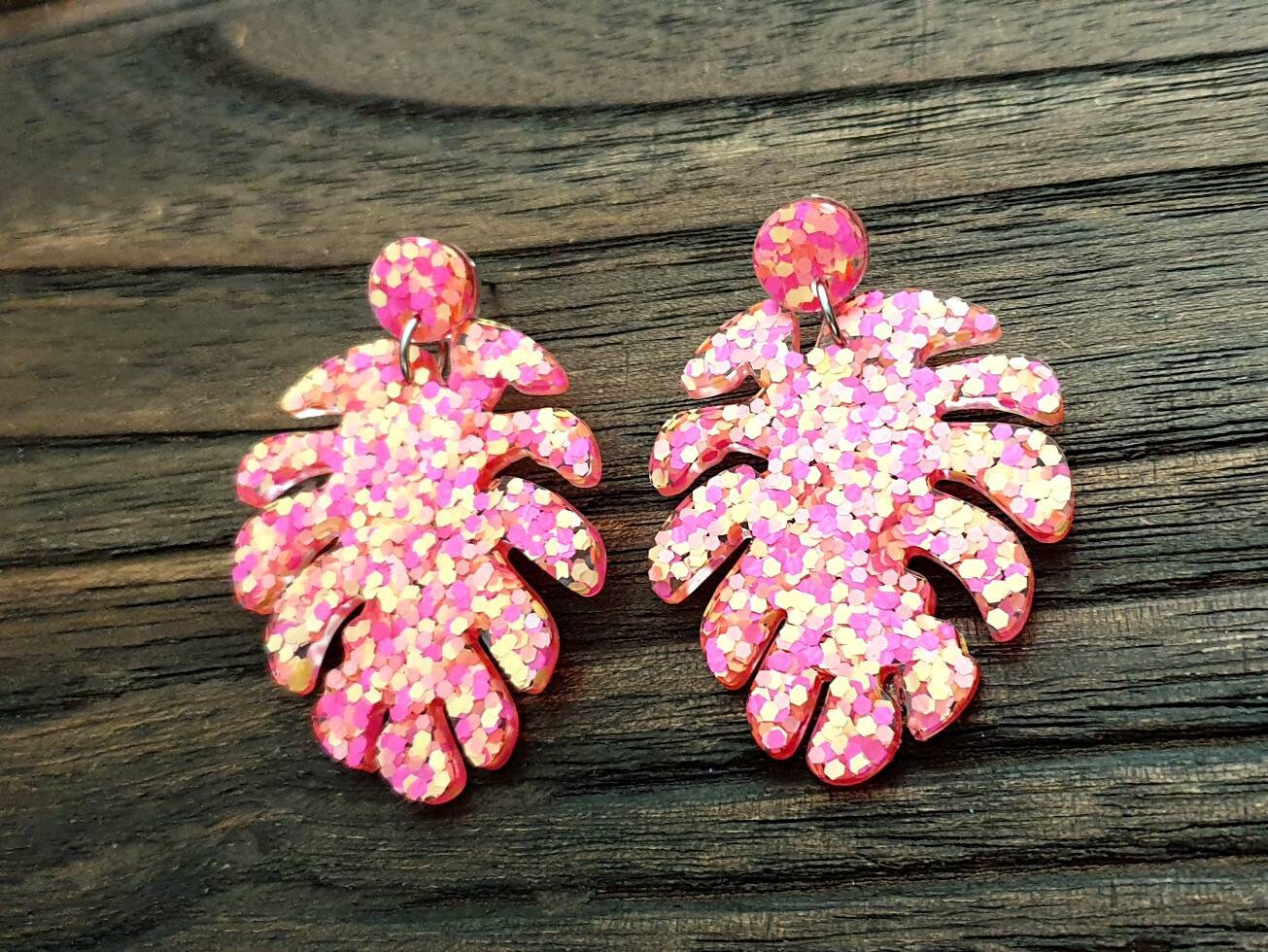 Large Monstera Leaf Long Dangle Stud Earrings, Neon Yellow Pink Orange Glitter Resin Dangle Statement Earrings