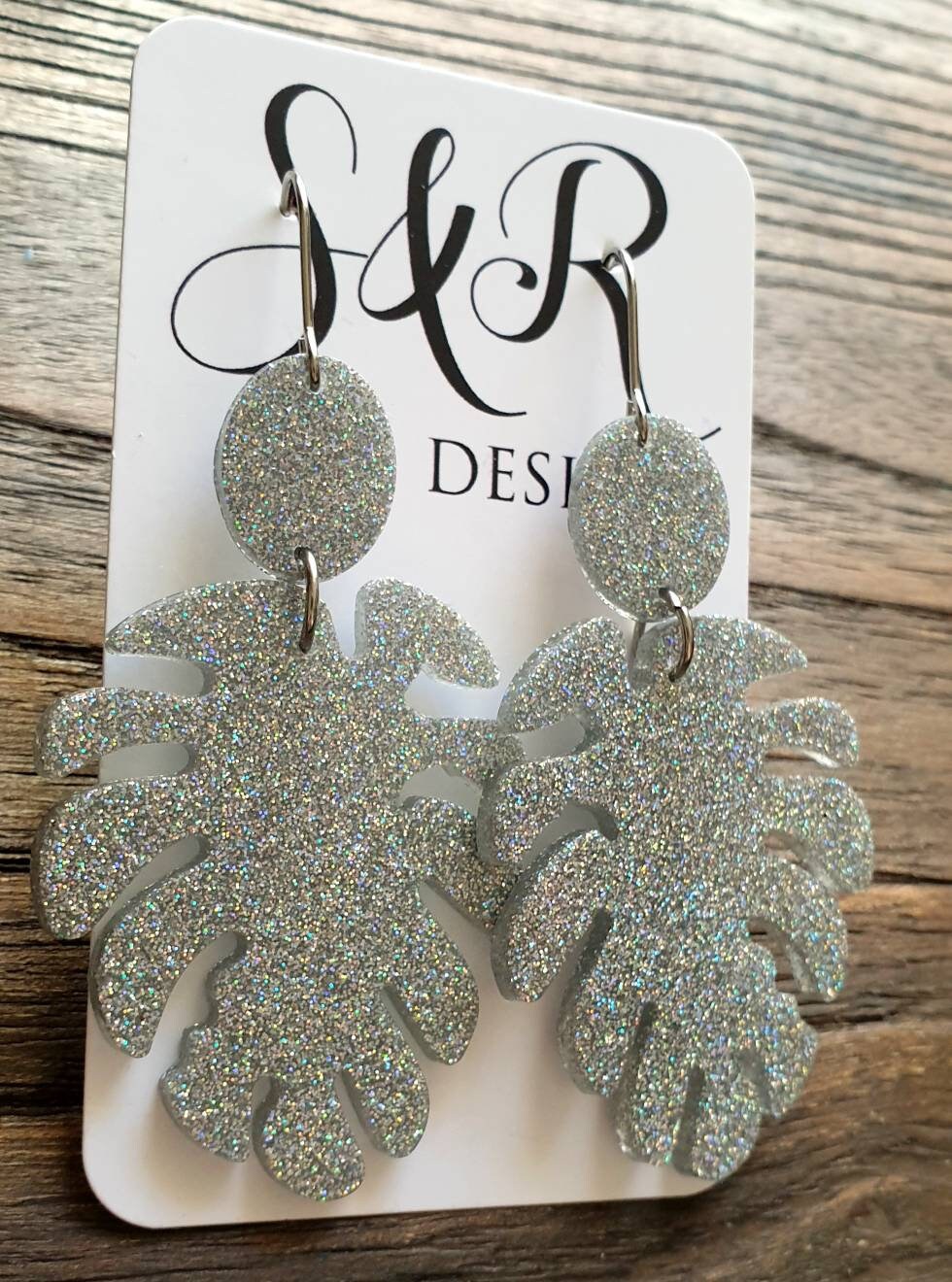 Silver Large Monstera Leaf Long Dangle Earrings, Silver Holographic Glitter Resin Dangle Statement Earrings