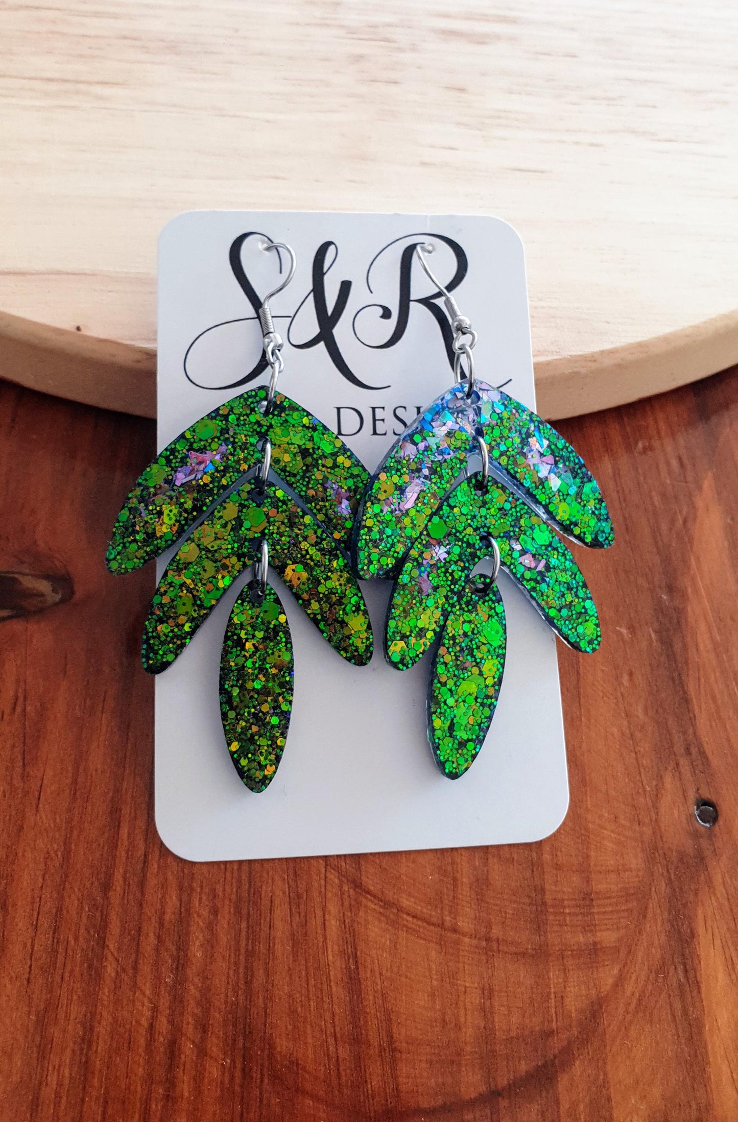 Statement Leaves Long Drop Hook Earrings. Blue-green purple chameleon changing glitter resin dangles, Stunning Chandelier Earwire Dangles