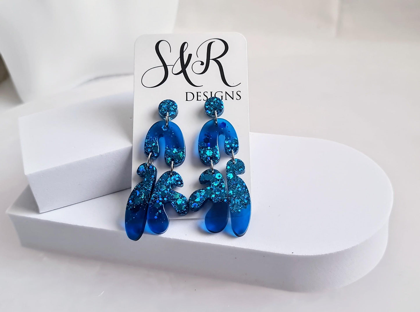 Translucent Blue Fluer Design Eattings, Multi Shape Dangle Long Drops, Blue Mix Glitter Statement Handmade Dangles, Hypoallergenic Gift.