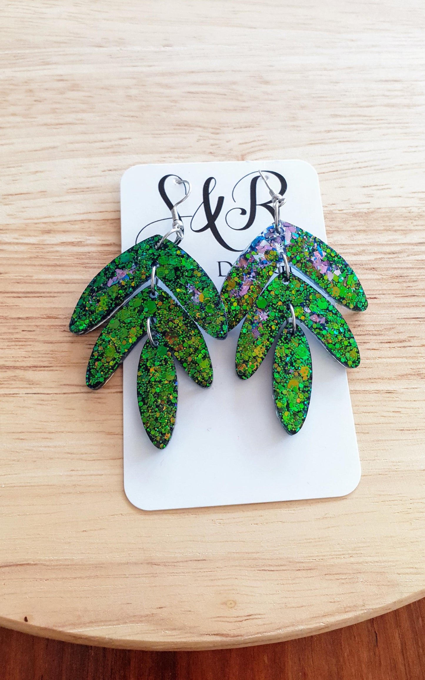 Statement Leaves Long Drop Hook Earrings. Blue-green purple chameleon changing glitter resin dangles, Stunning Chandelier Earwire Dangles