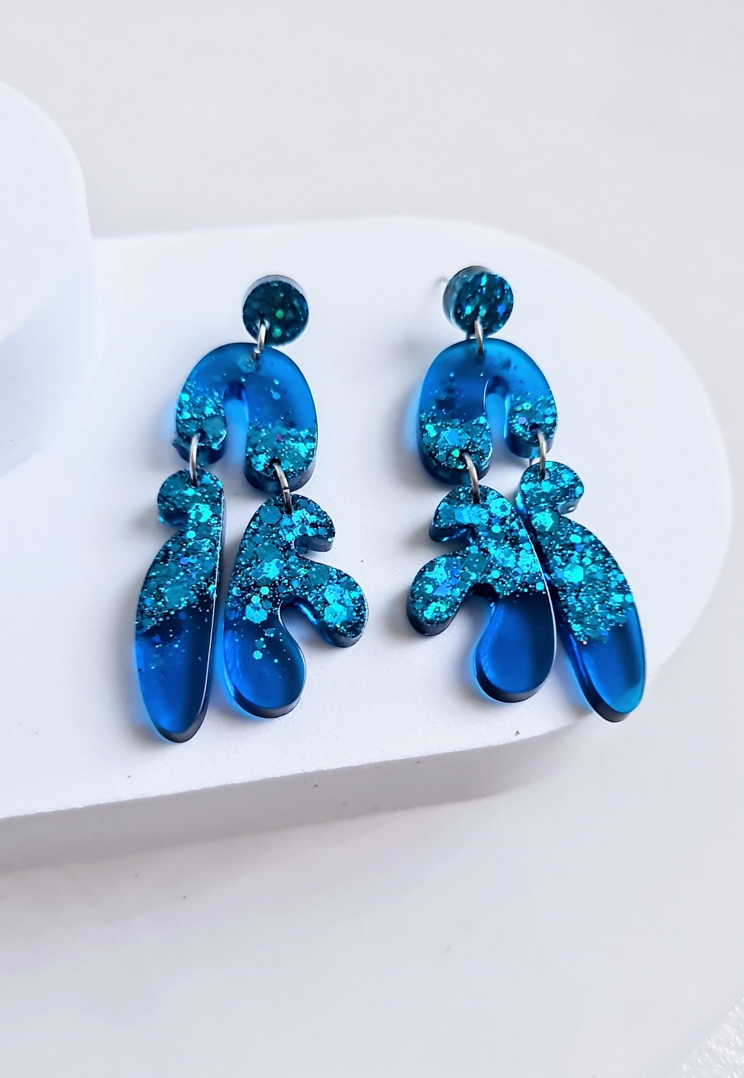 Translucent Blue Fluer Design Eattings, Multi Shape Dangle Long Drops, Blue Mix Glitter Statement Handmade Dangles, Hypoallergenic Gift.
