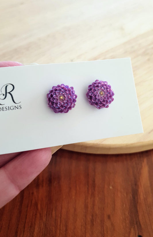 Flower Stud Earrings, Purple Chrysanthemum Flower Studs, Purple mix and Gold Resin, Stainless Steel Earrings