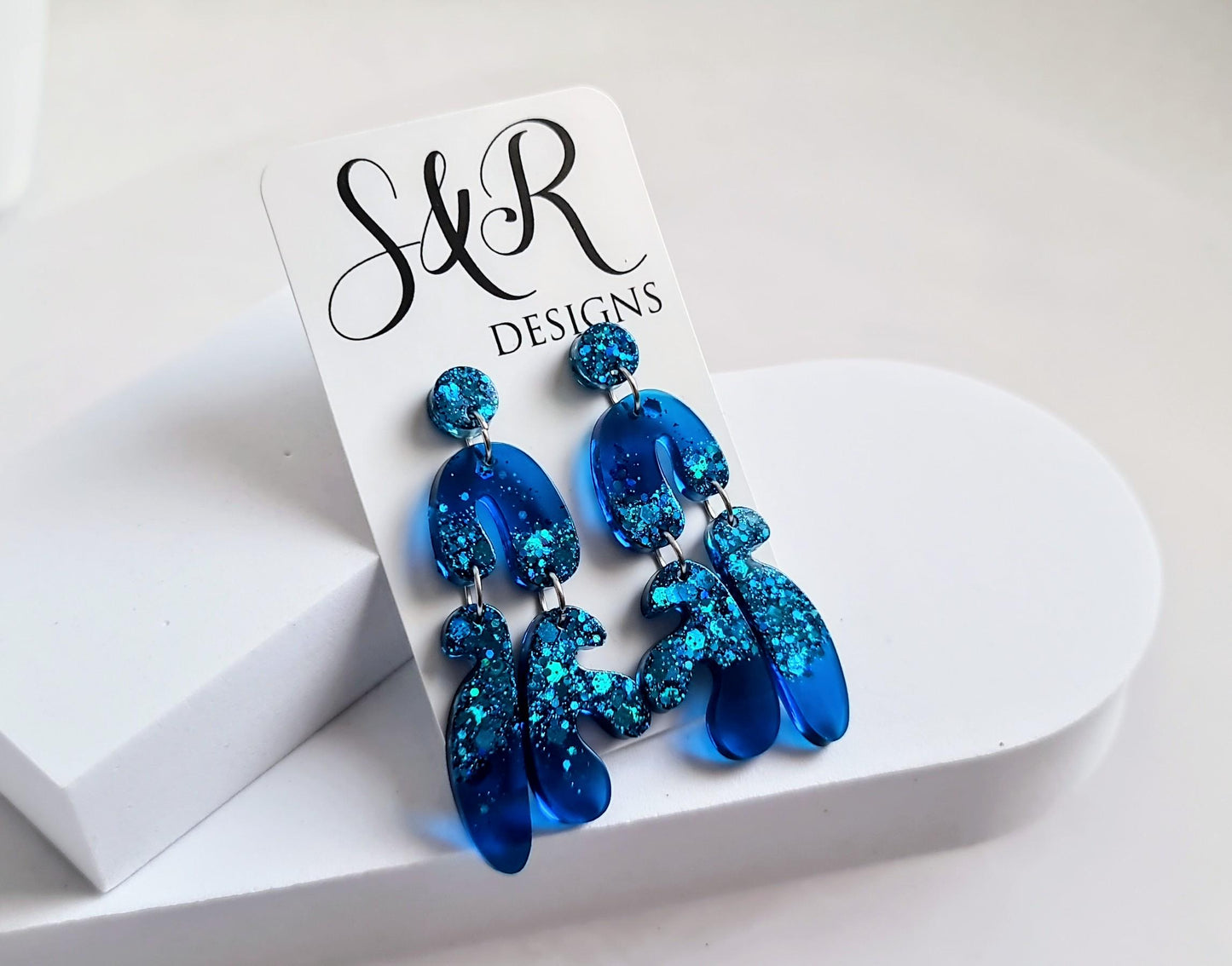 Translucent Blue Fluer Design Eattings, Multi Shape Dangle Long Drops, Blue Mix Glitter Statement Handmade Dangles, Hypoallergenic Gift.