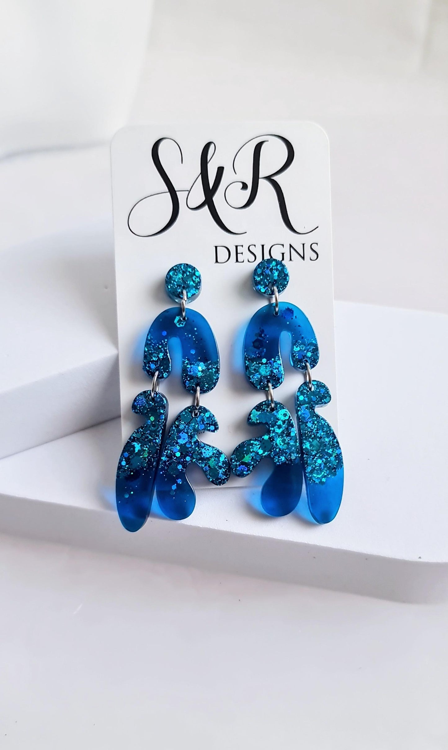 Translucent Blue Fluer Design Eattings, Multi Shape Dangle Long Drops, Blue Mix Glitter Statement Handmade Dangles, Hypoallergenic Gift.