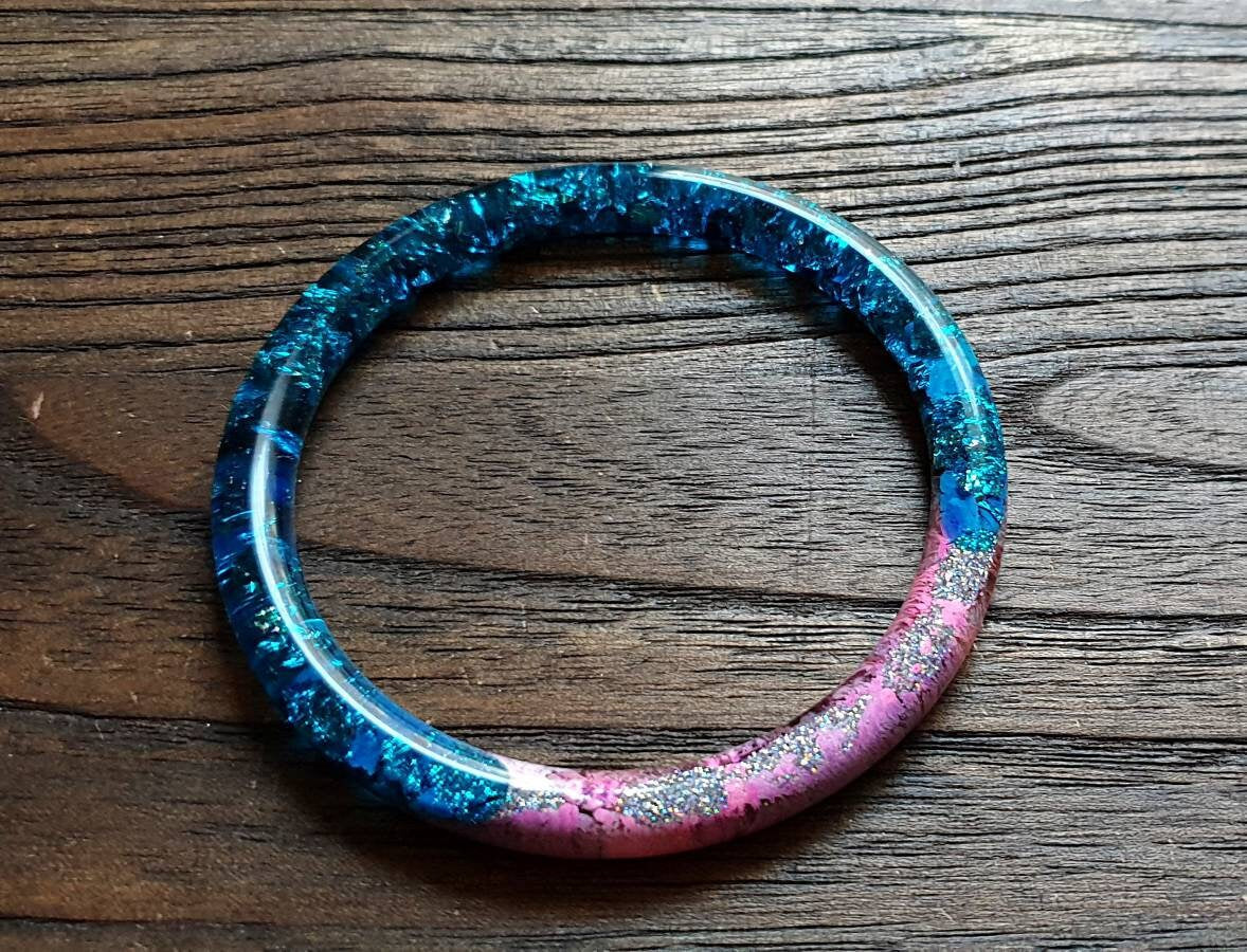 Statement Resin Bangle, Colourful Mixed Bangle, Blue Silver Leaf, Glitter, Pink Ink 66mm Diameter